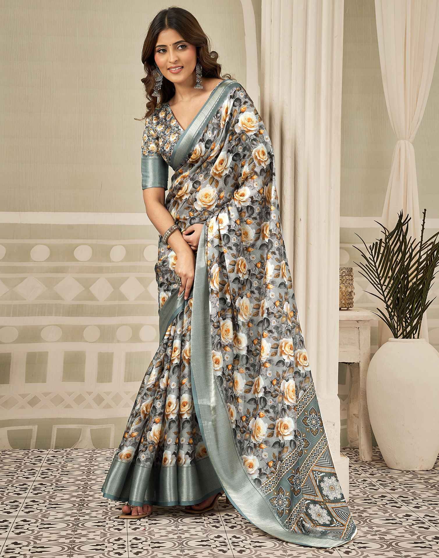 Multicoloured Silk Floral Printed Saree