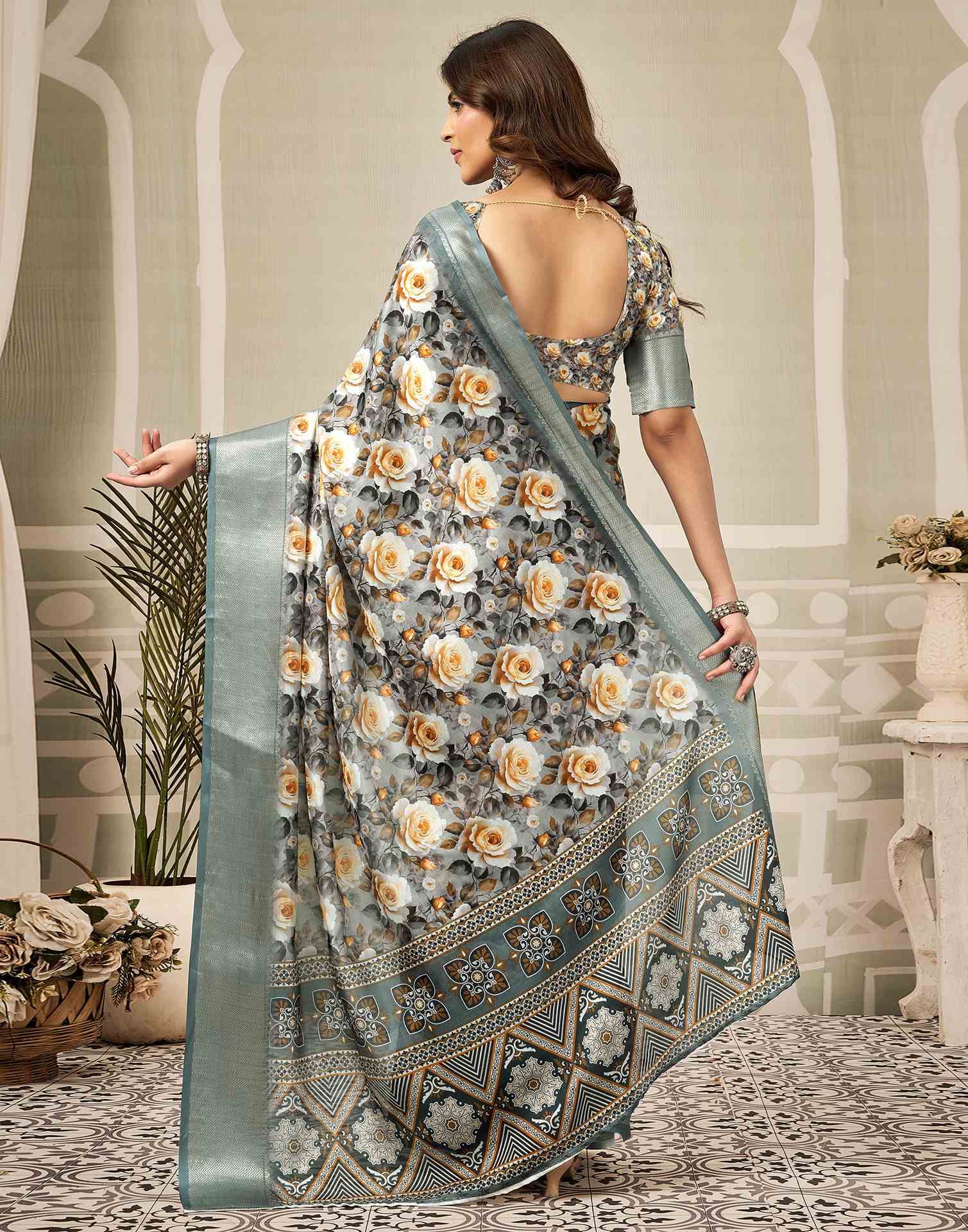 Multicoloured Silk Floral Printed Saree