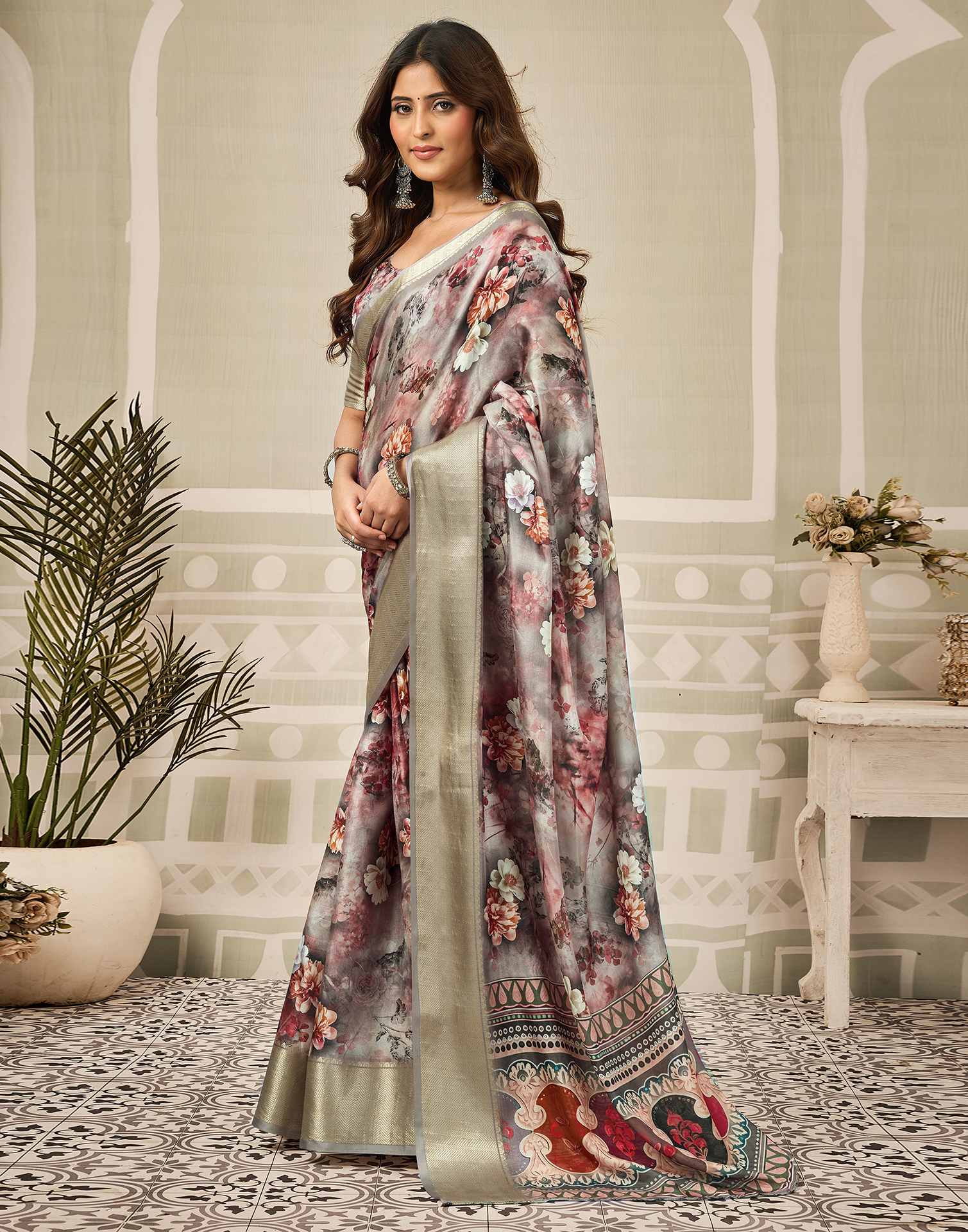 Multicoloured Silk Floral Printed Saree