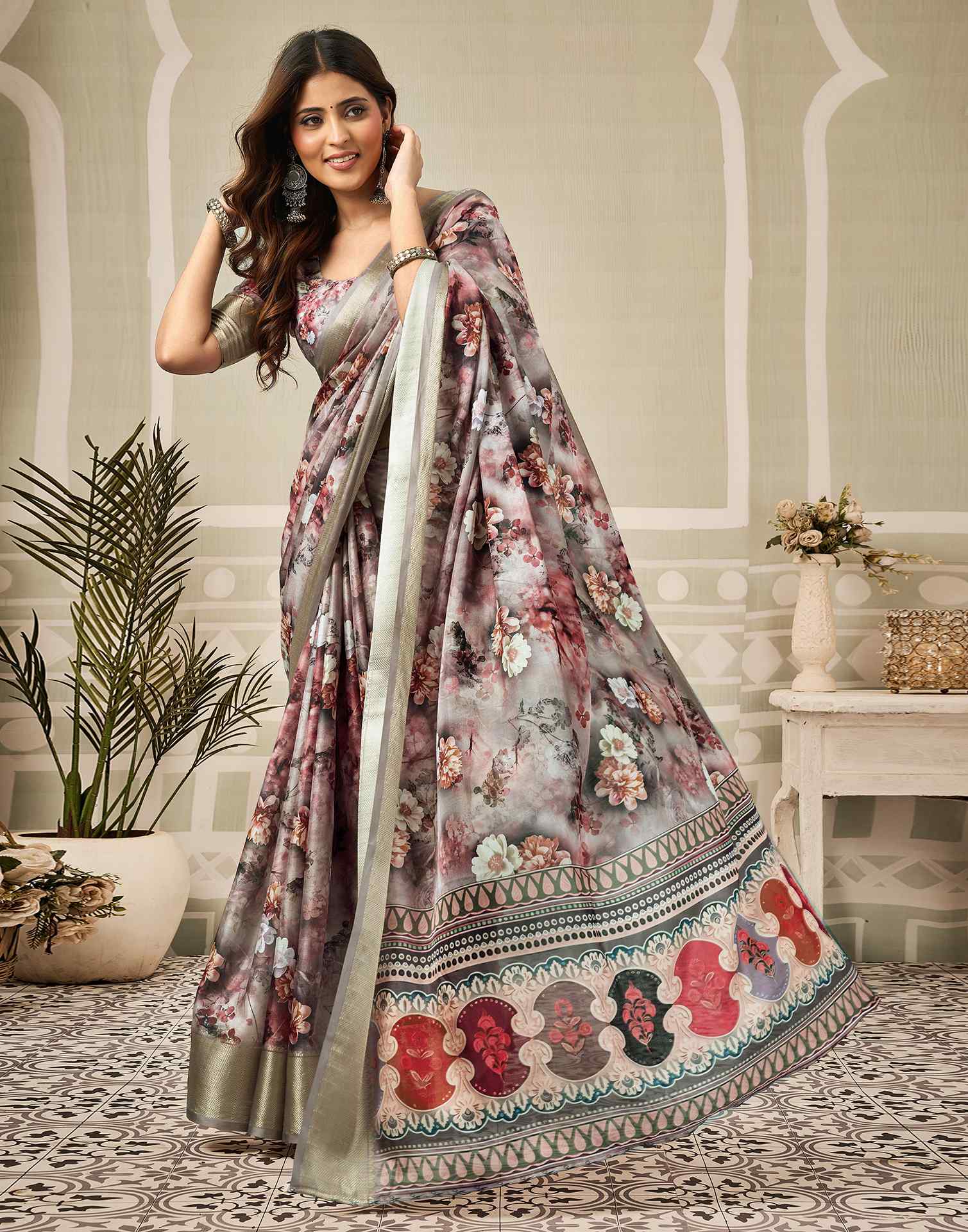 Multicoloured Silk Floral Printed Saree