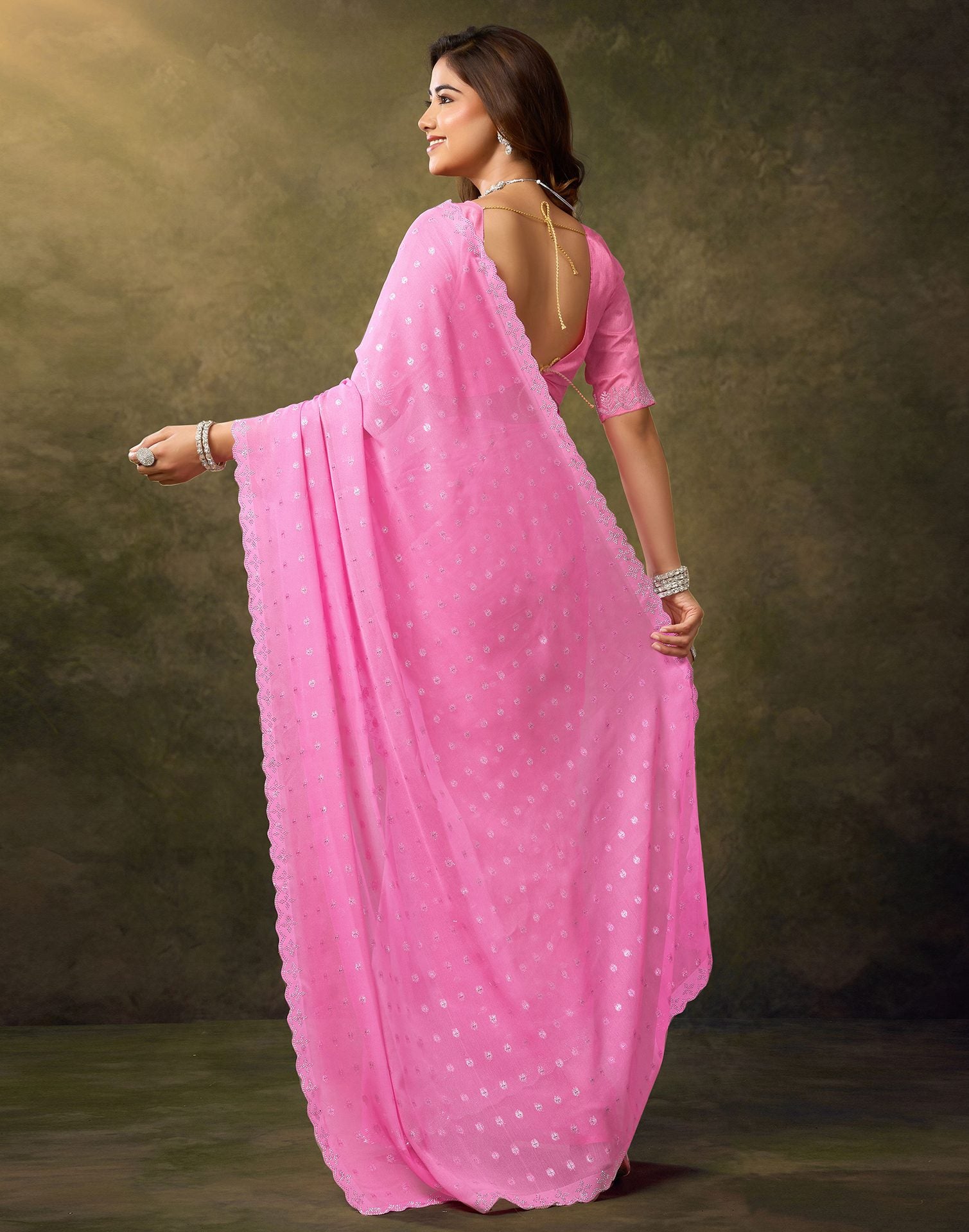 Pink Georgette Woven Saree