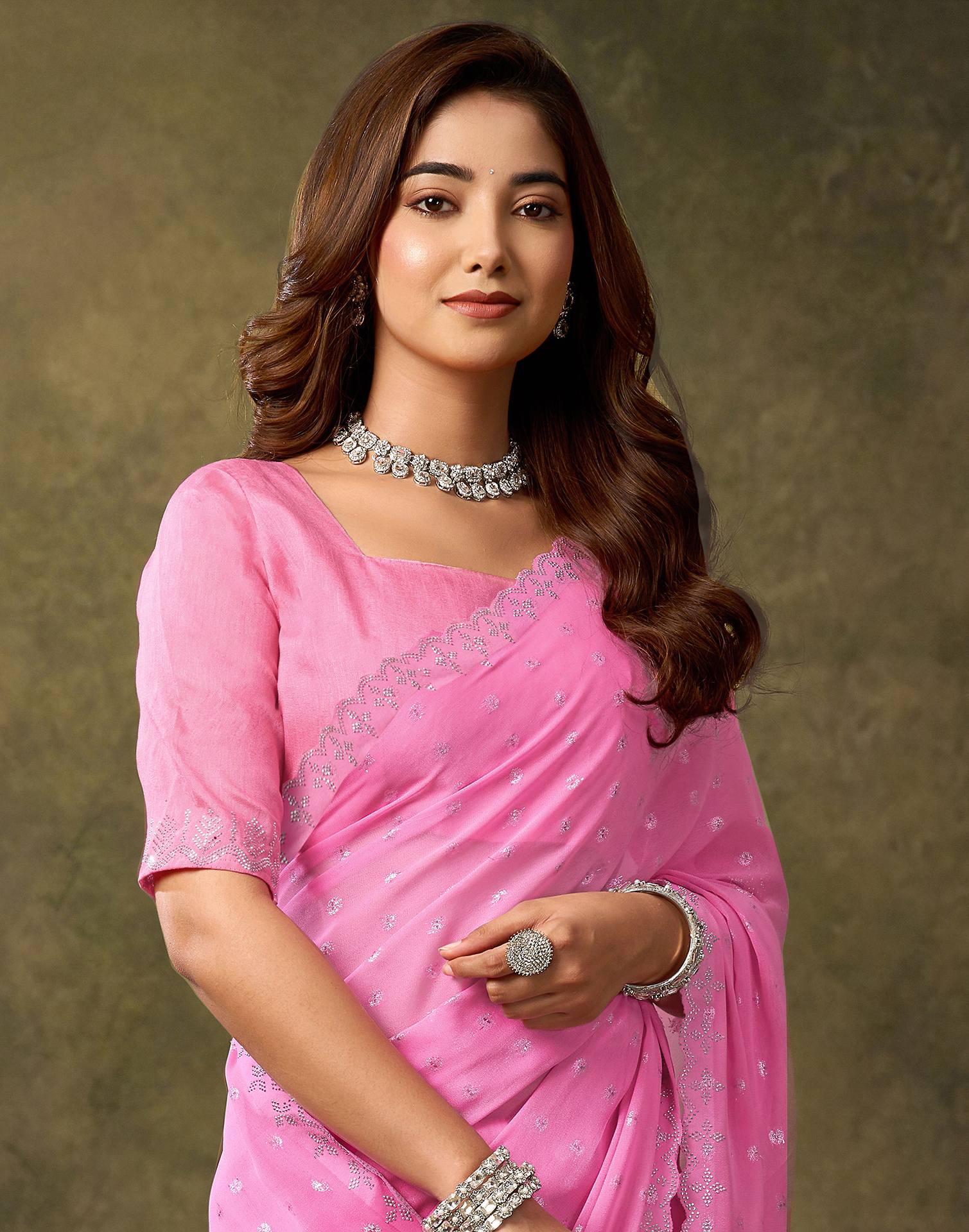 Pink Georgette Woven Saree