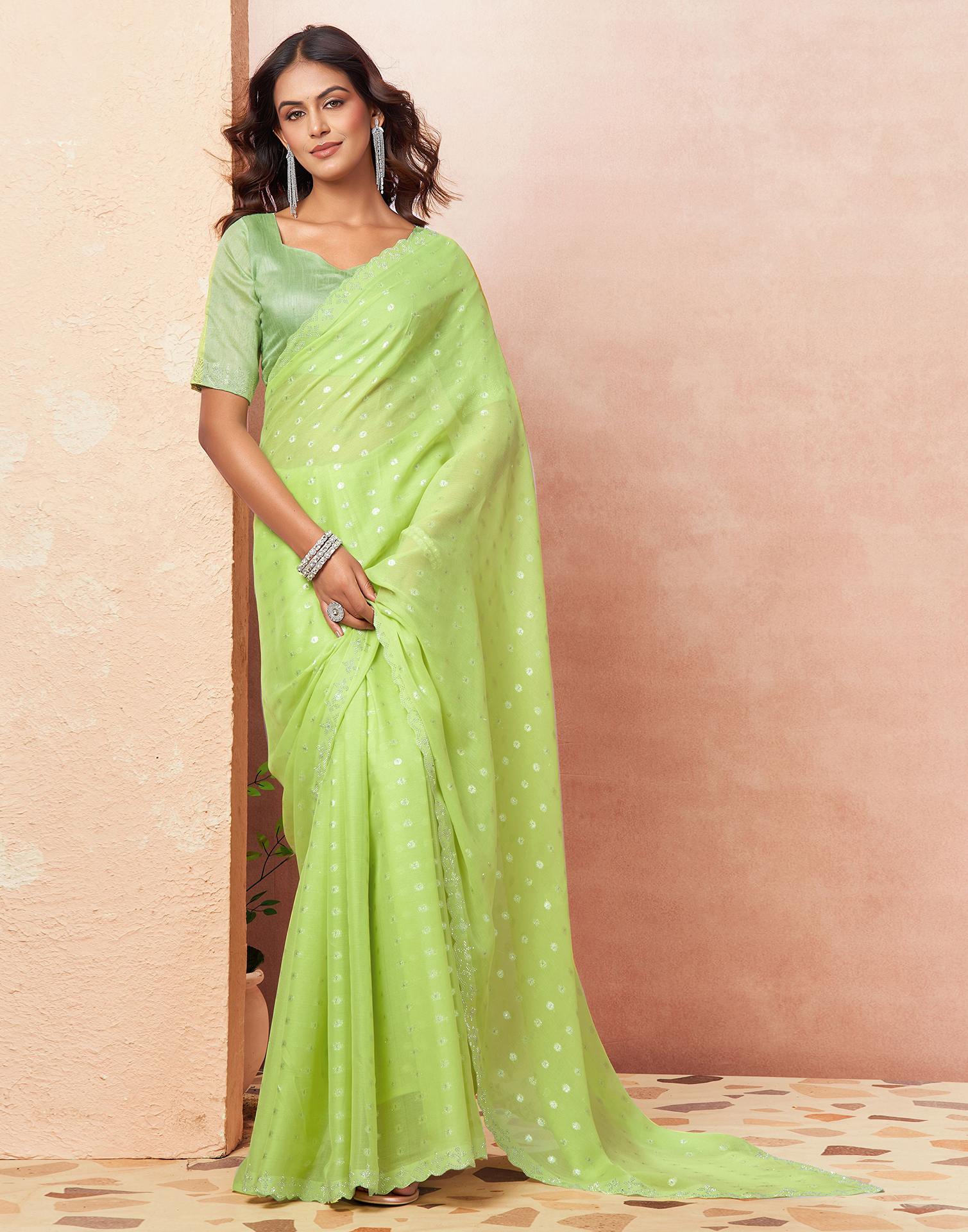 Pista Green Georgette Woven Saree