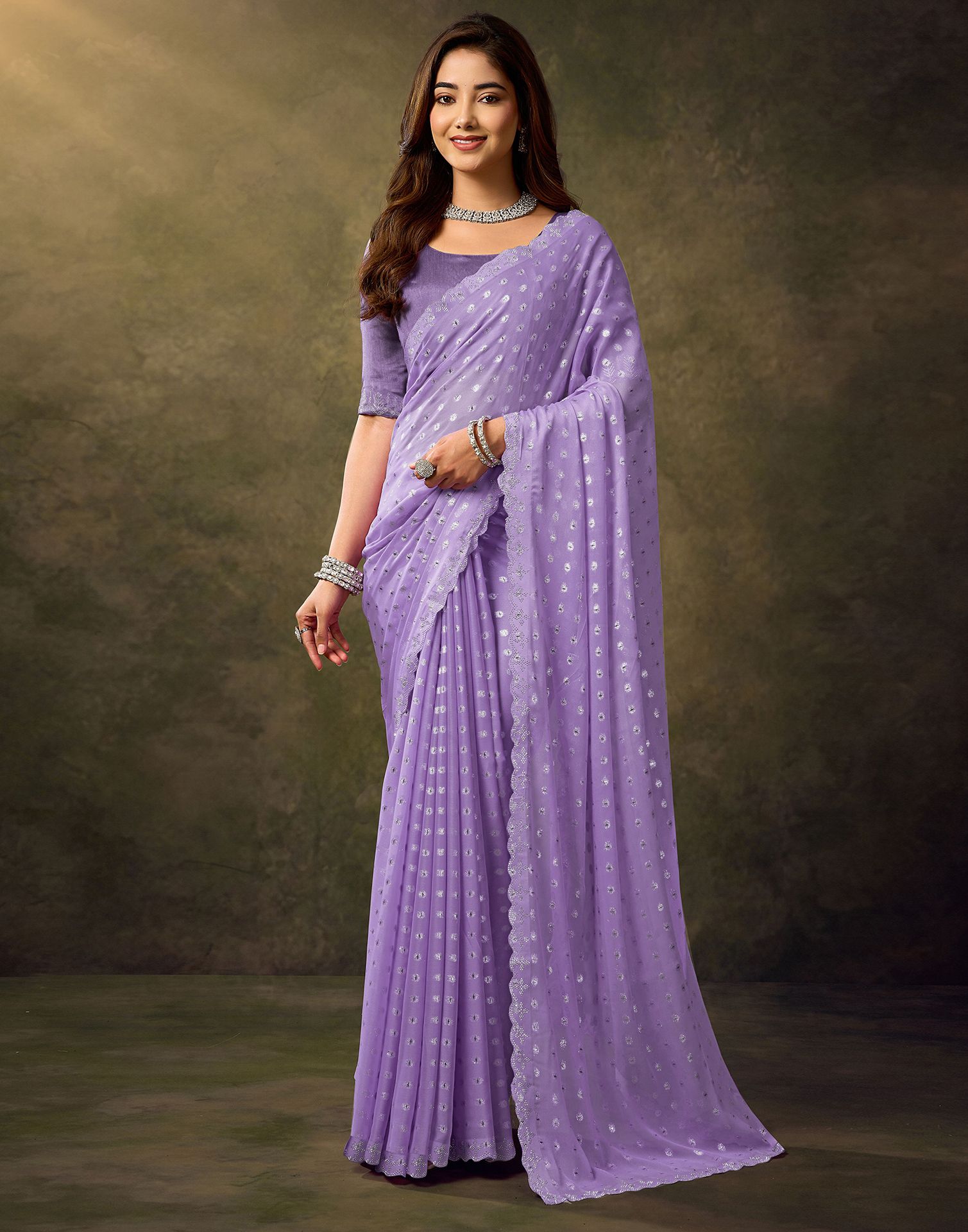 Lavender Georgette Stone Work Embellished Saree