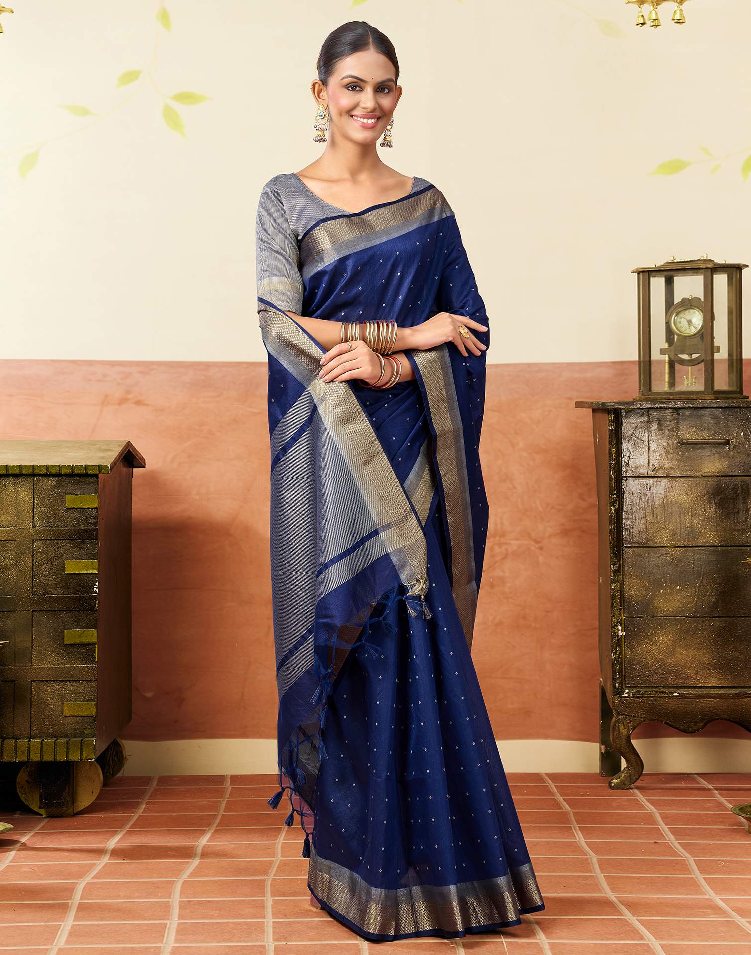 Navy Blue Silk Woven Banarasi Saree