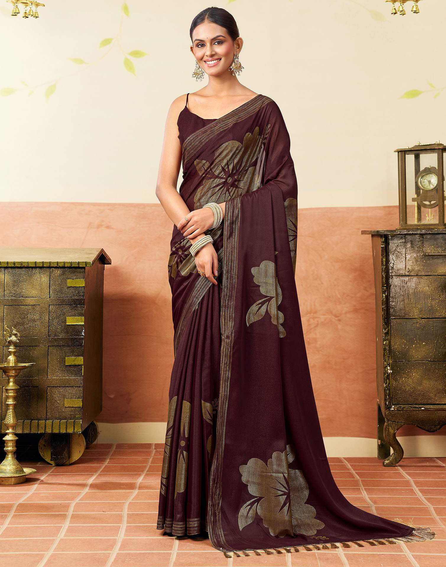 Wine Georgette Foil Printed Saree