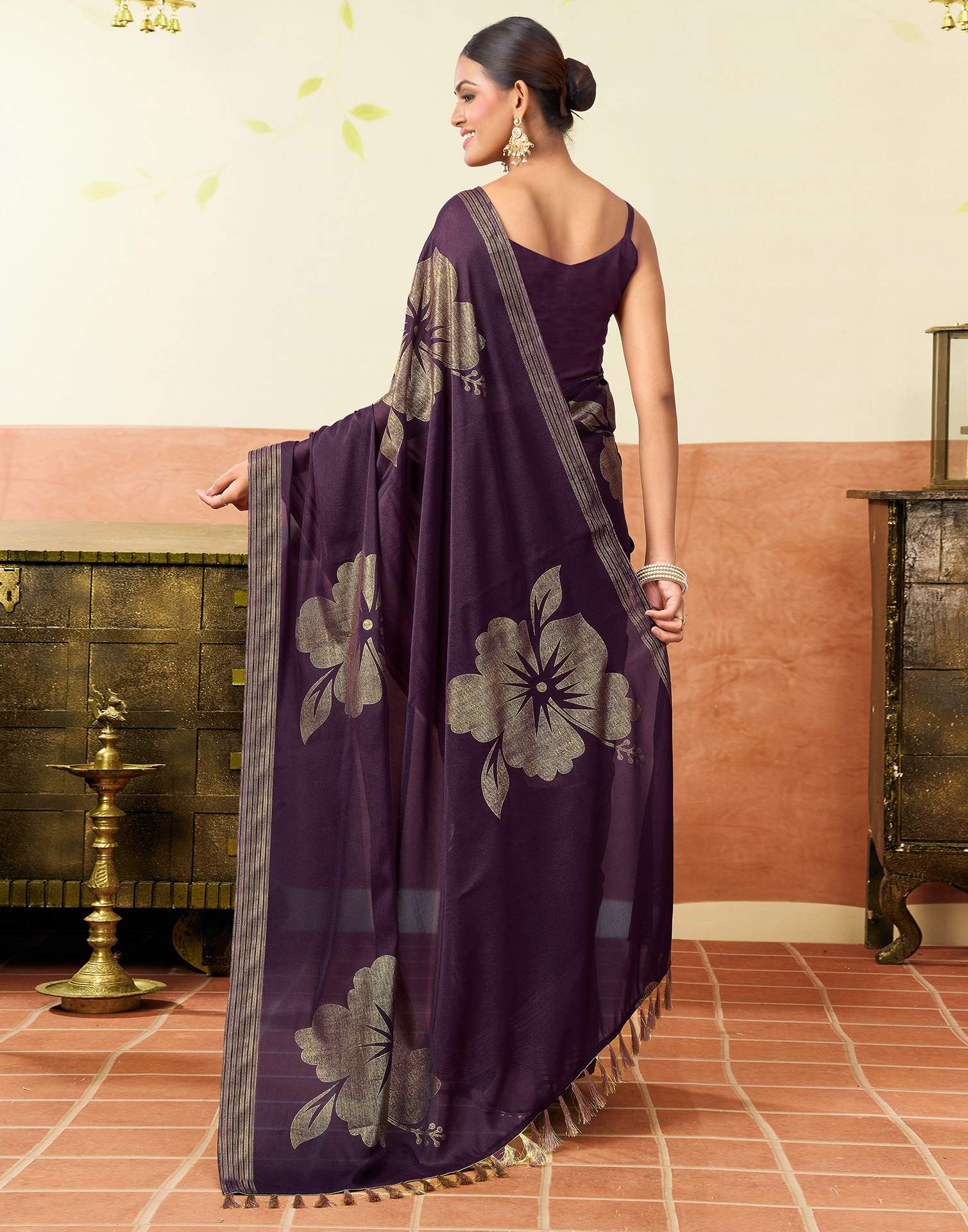 Dark Purple Georgette Foil Printed Saree