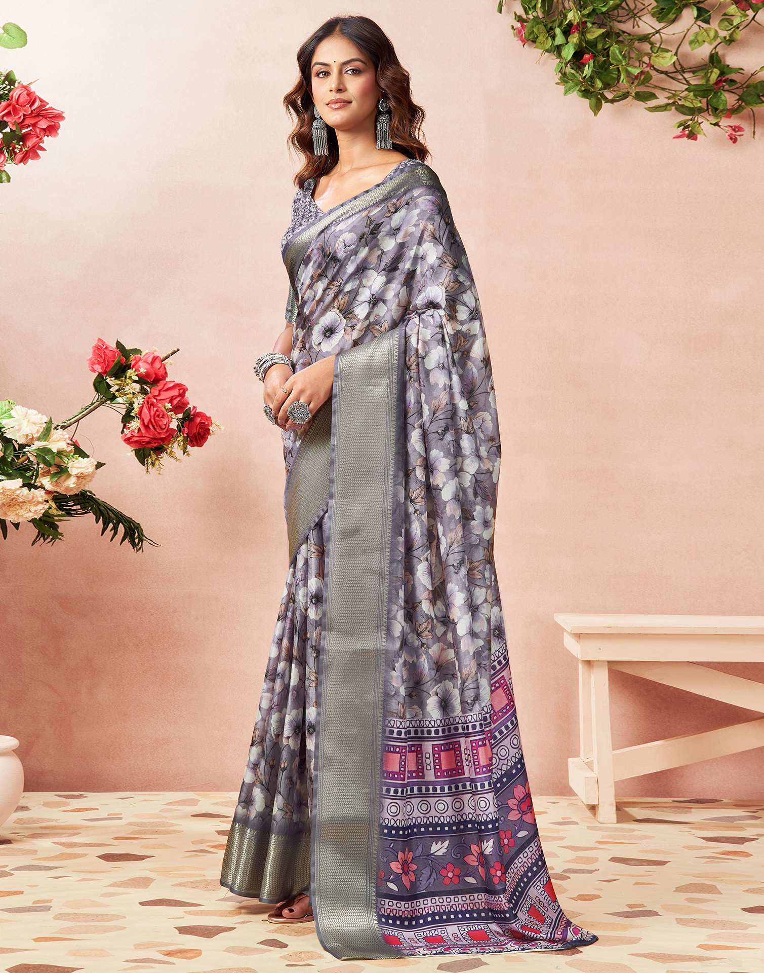 Light Lavender Silk Floral Printed Saree