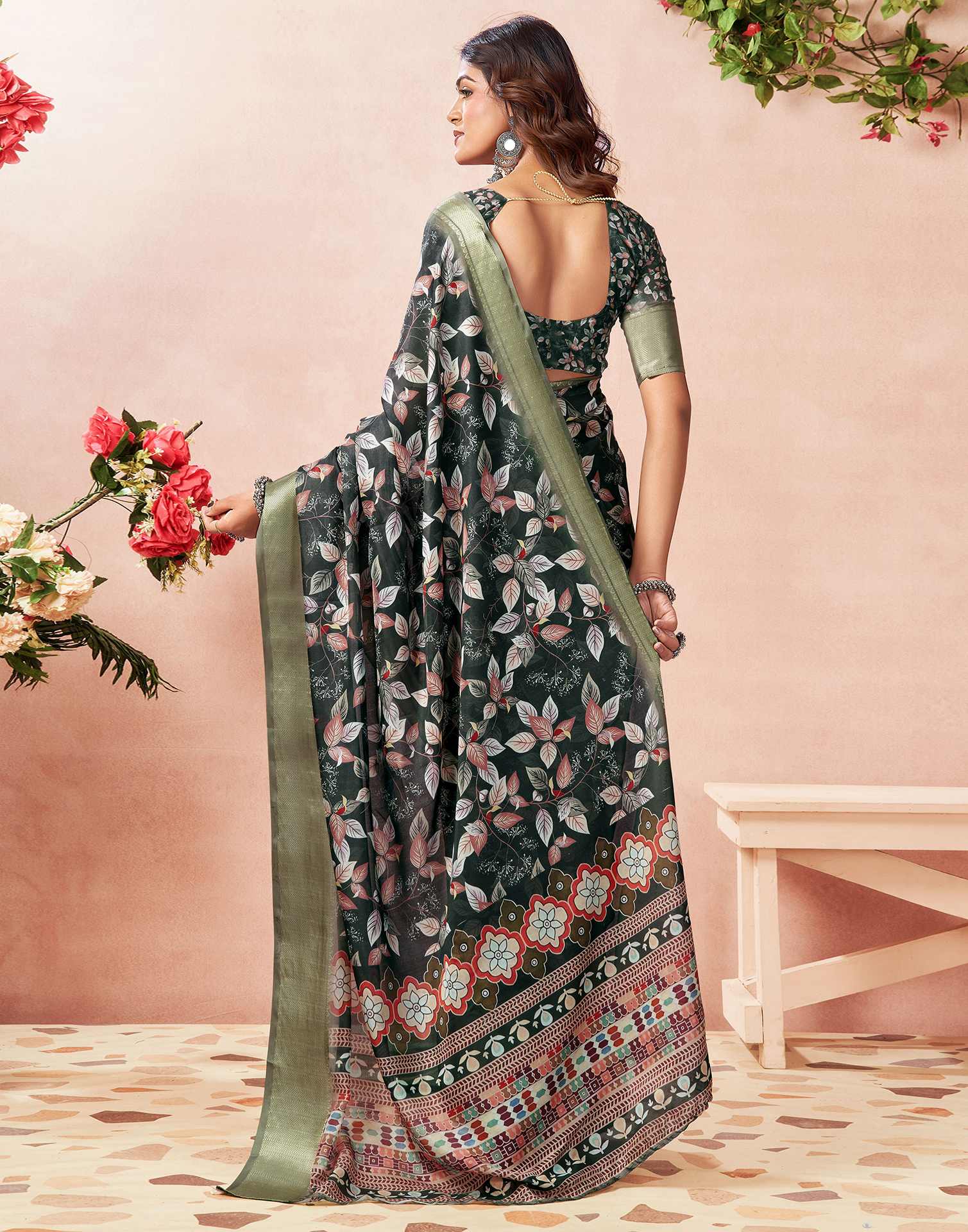 Bottel Green Silk Floral Printed Saree