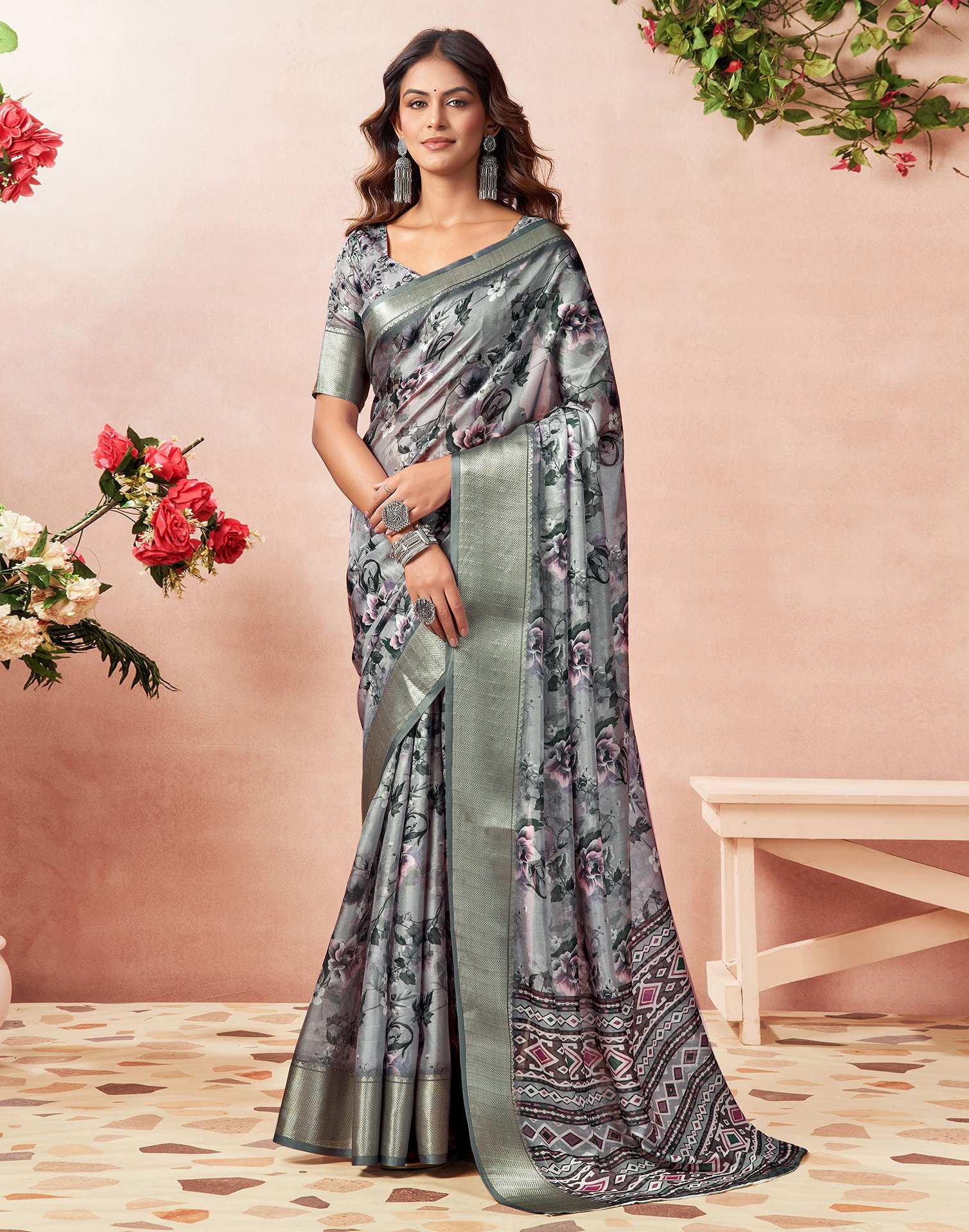 Grey Silk Floral Printed Saree