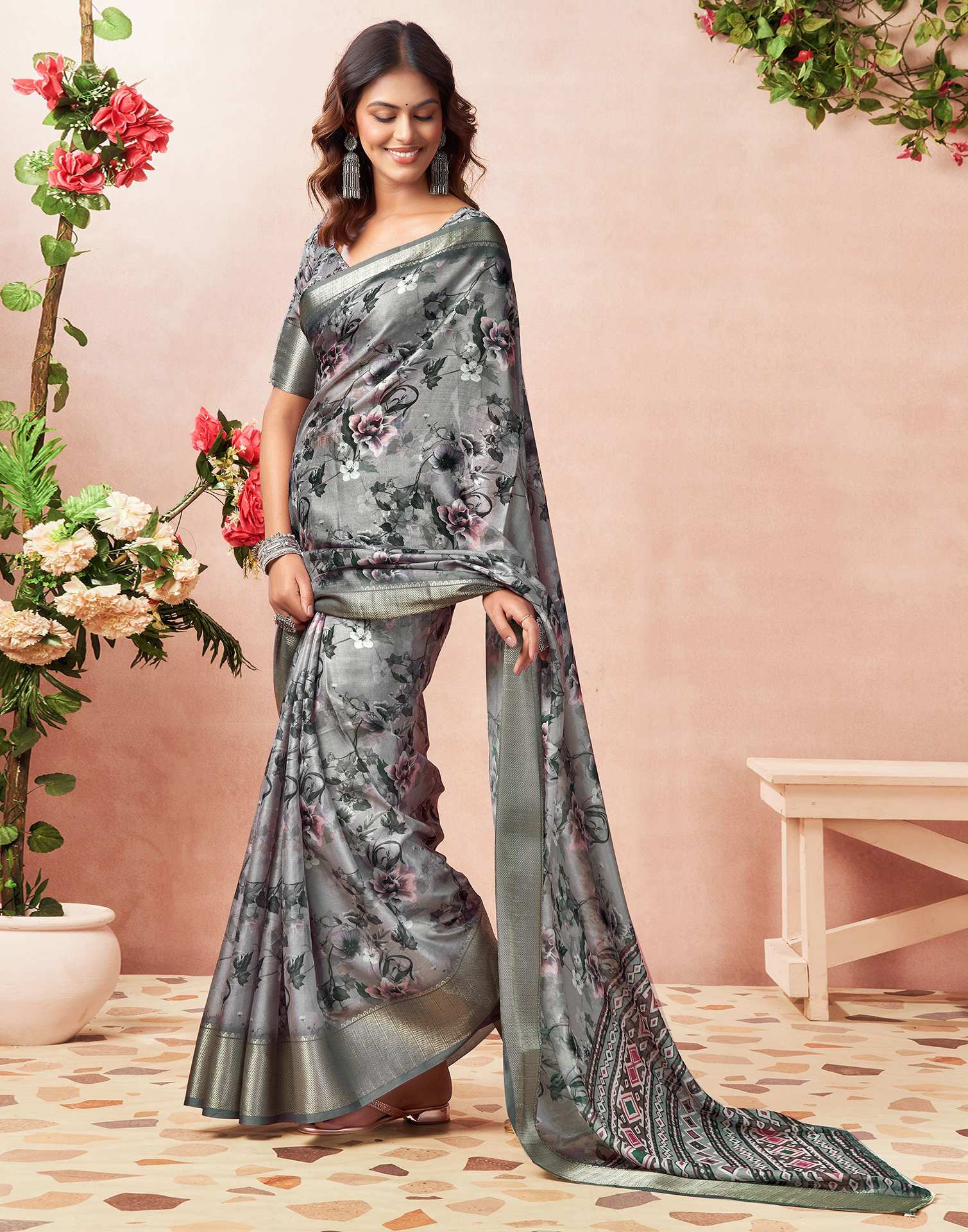 Grey Silk Floral Printed Saree