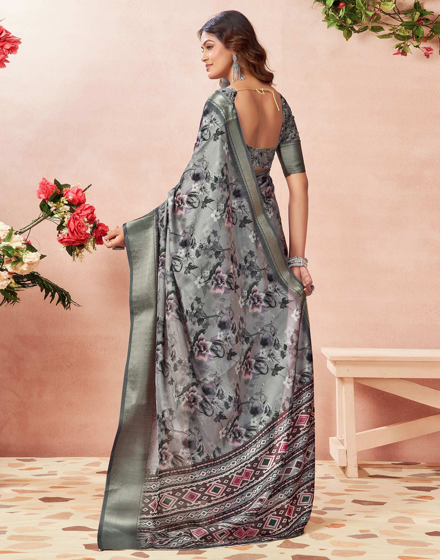 Grey Silk Floral Printed Saree