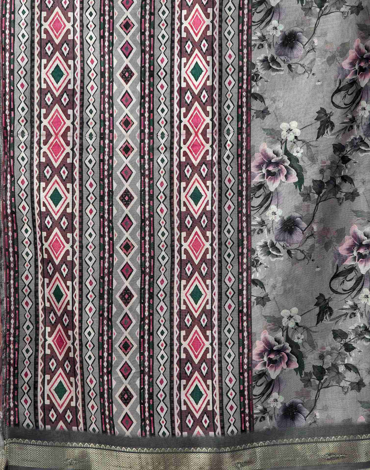 Grey Silk Floral Printed Saree