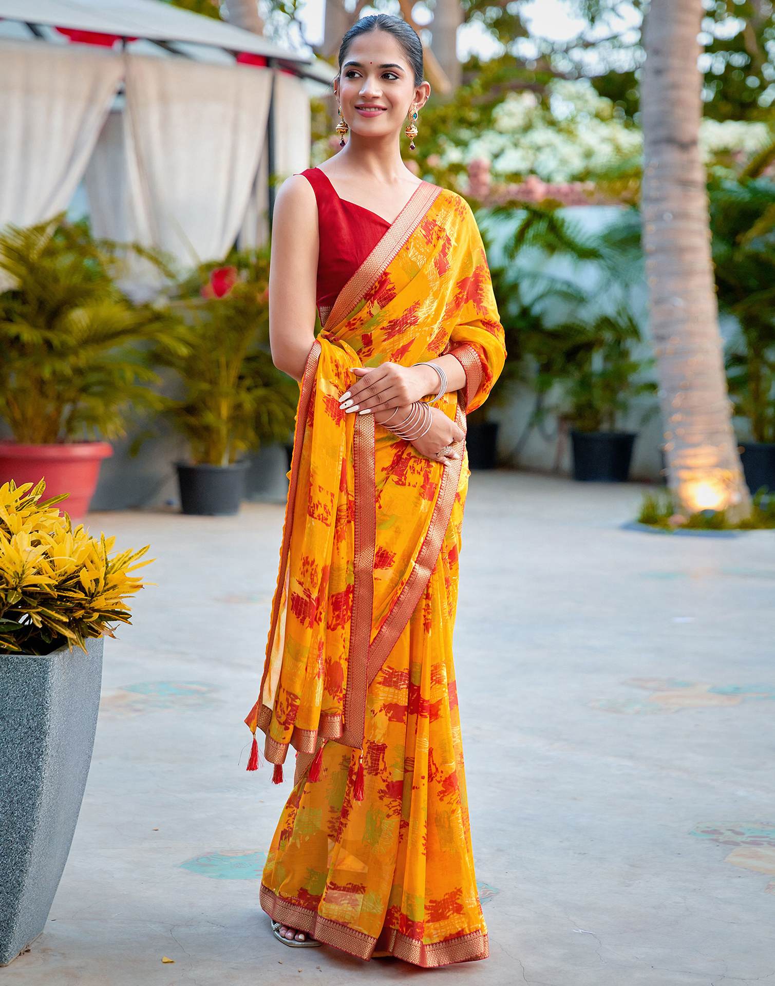 Orange Chiffon Printed Saree