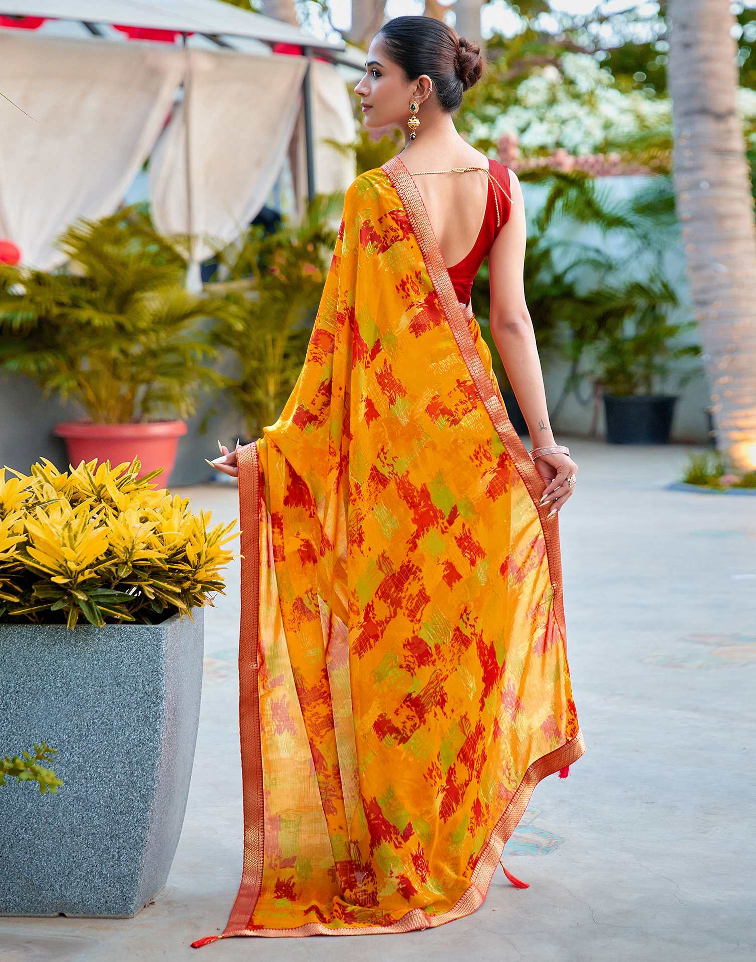 Orange Chiffon Printed Saree