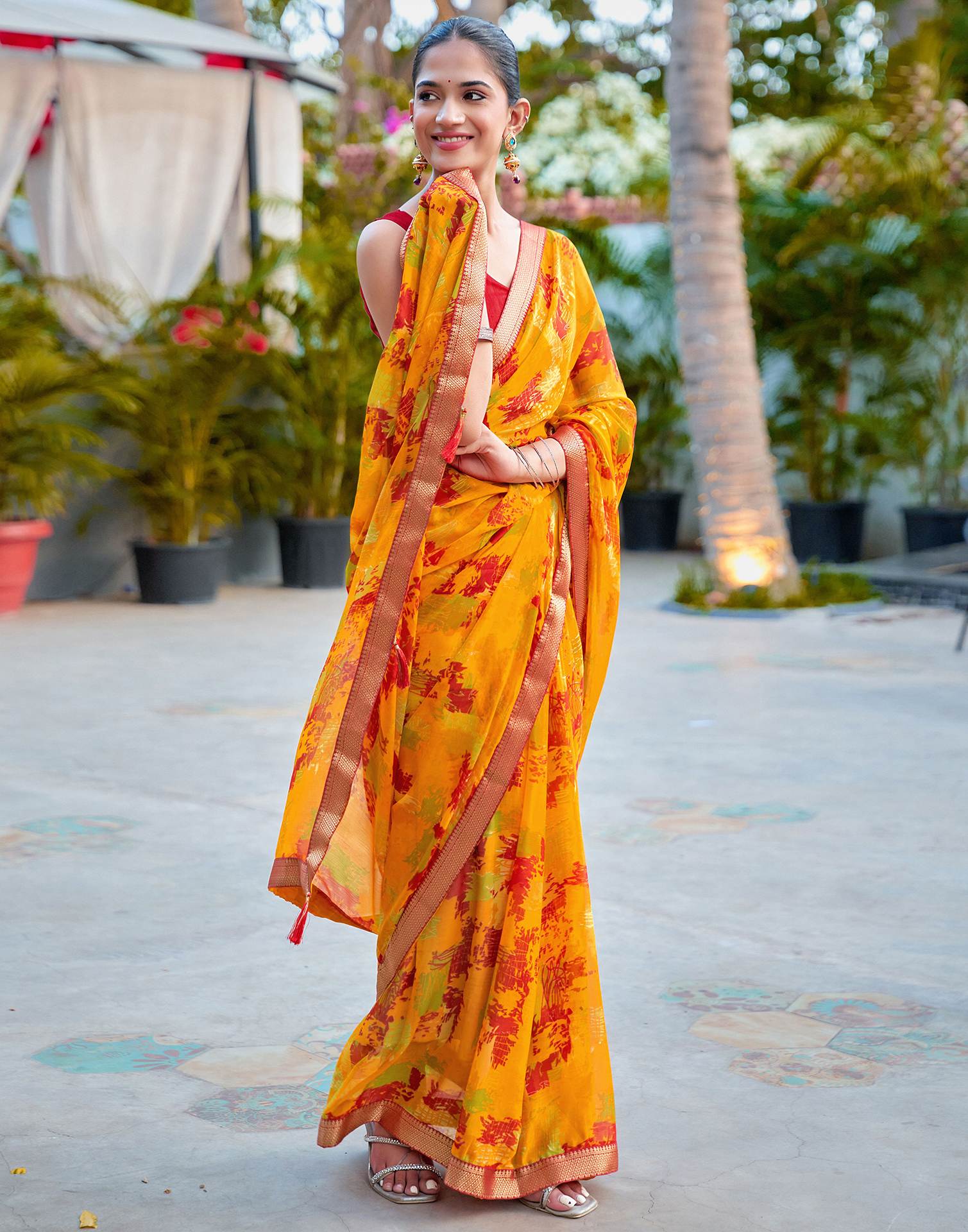Orange Chiffon Printed Saree