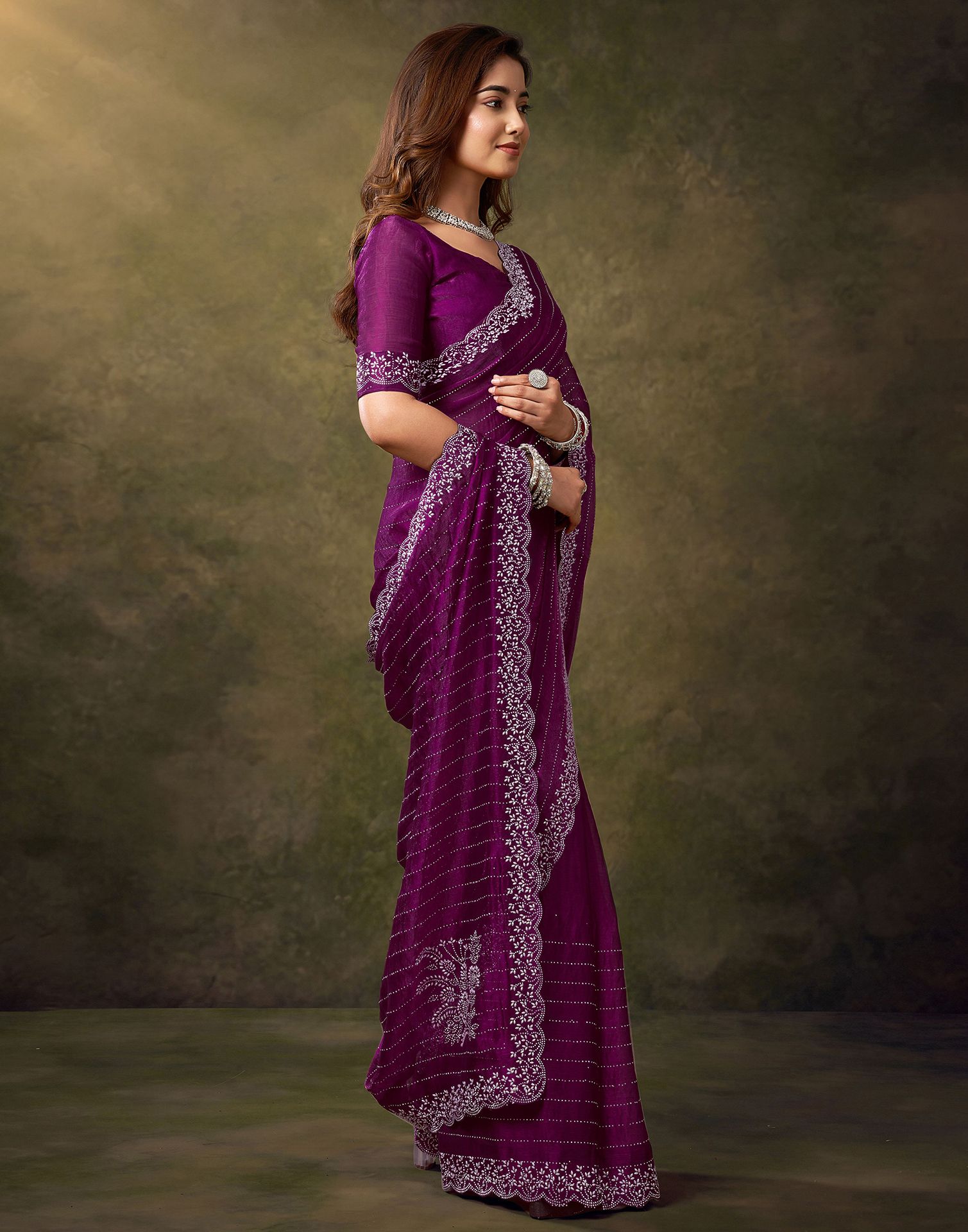 Dark Magenta Silk Stone Work Embellished Saree