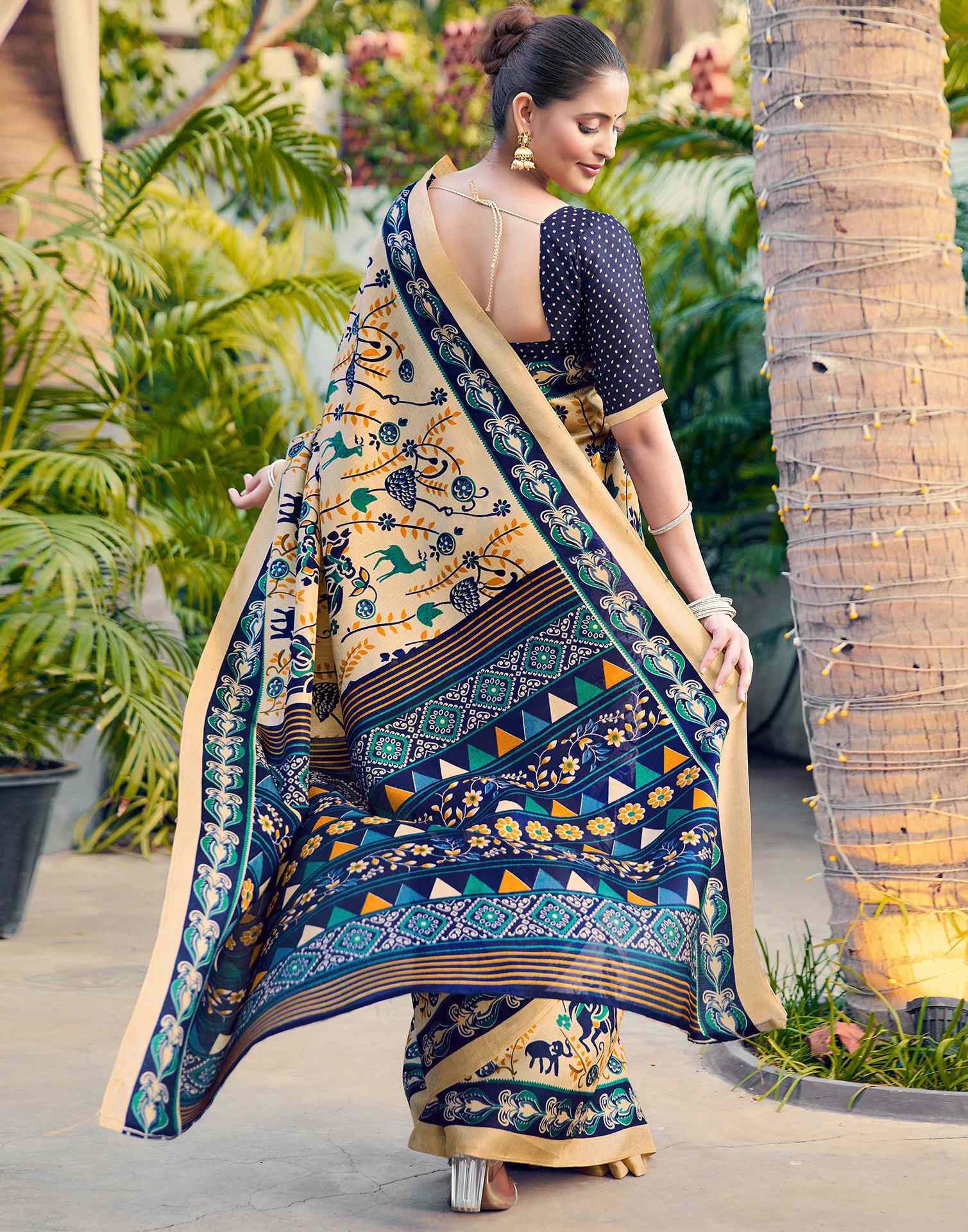 Beige Khadi Printed Kalamkari Saree