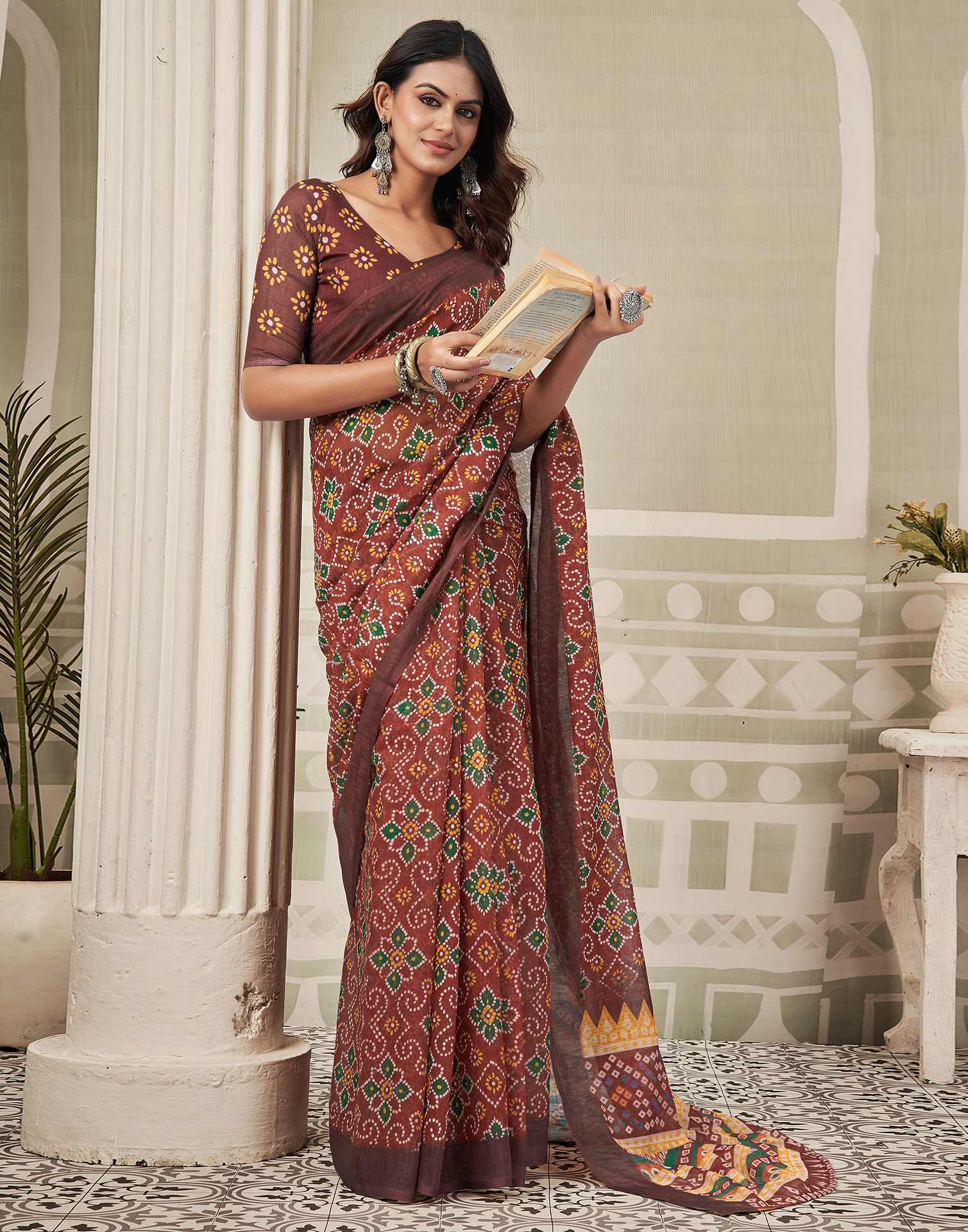 Maroon Linen Bandhani Printed Saree