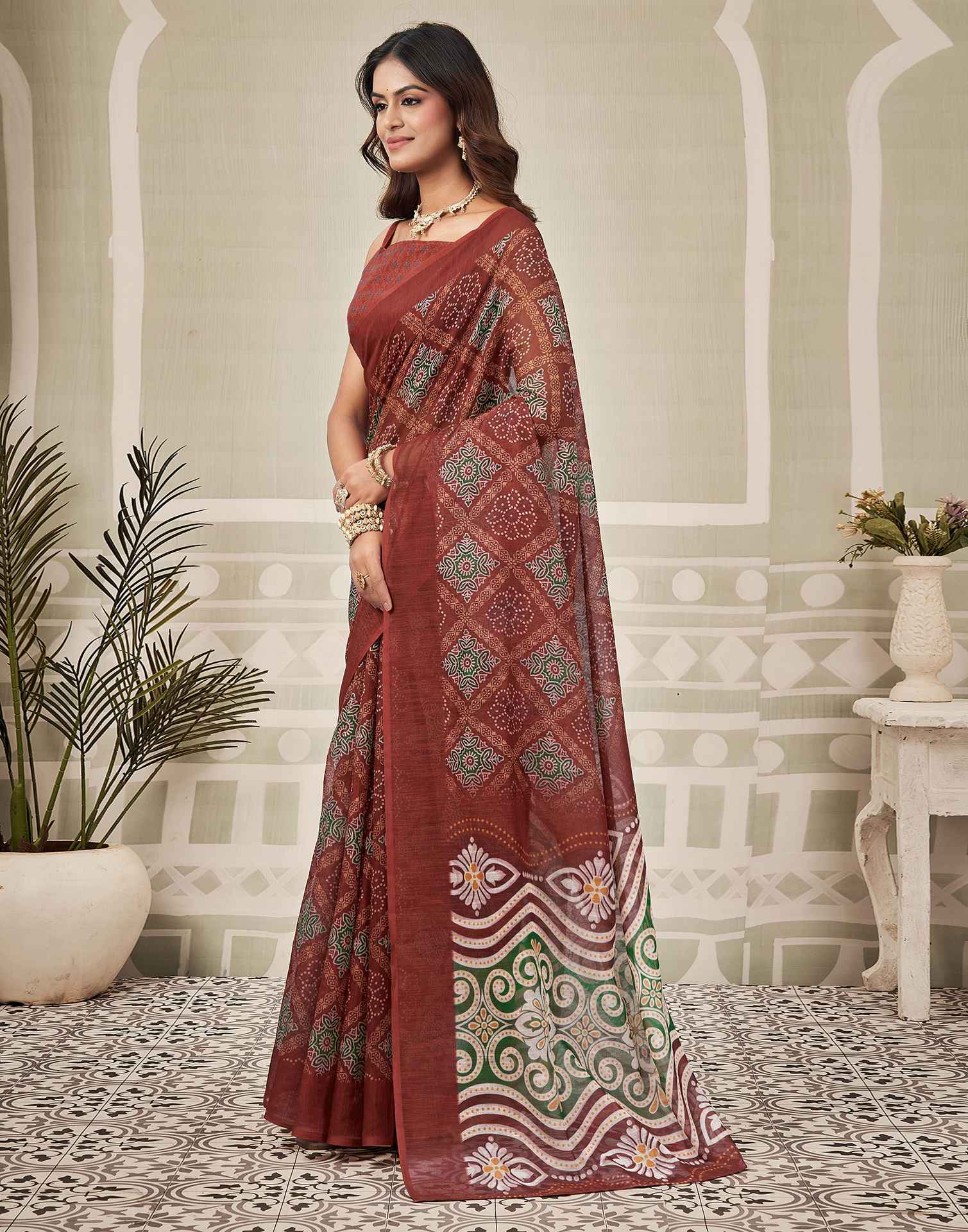Maroon Linen Printed Saree