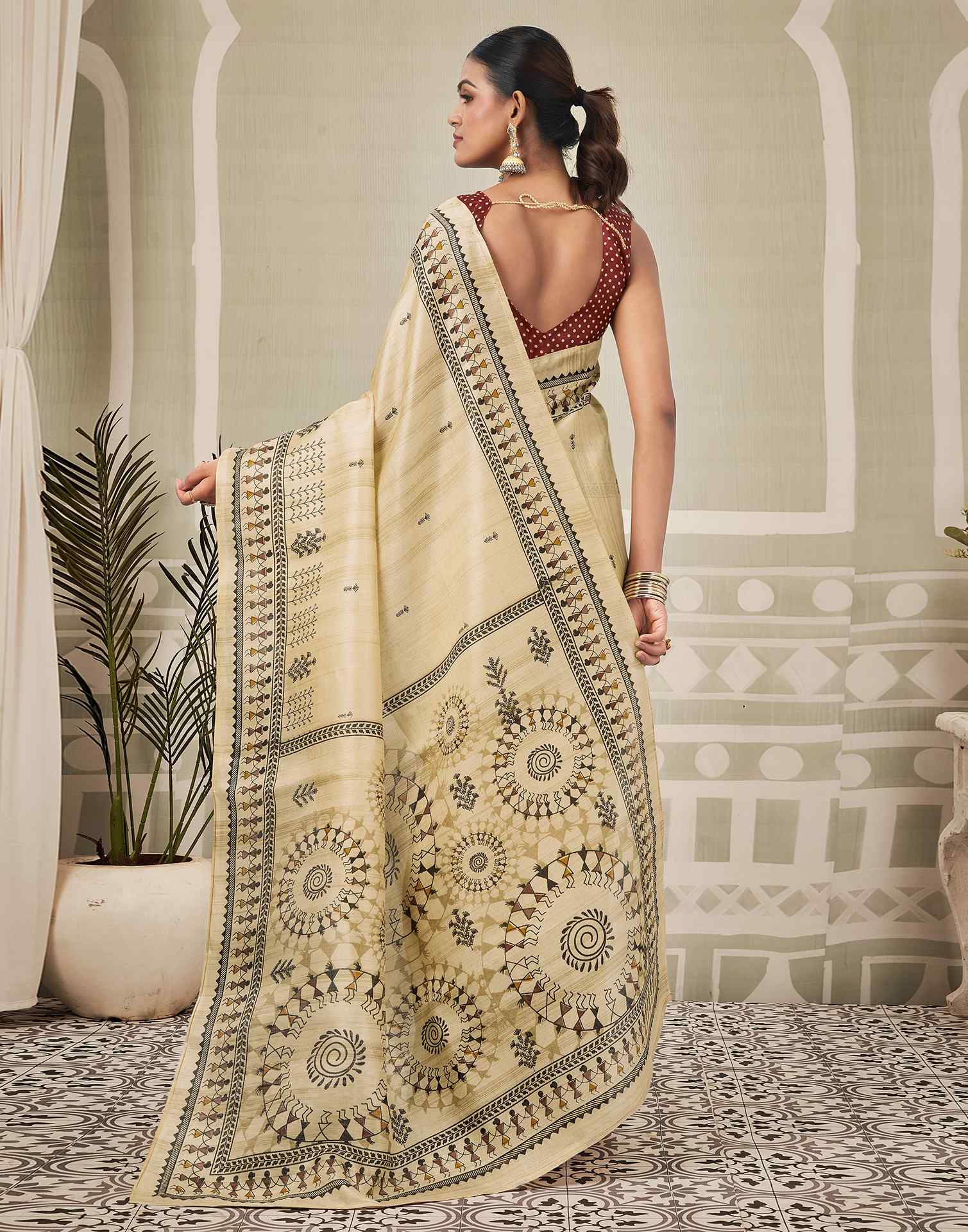 Beige Khadi Warli Printed Saree