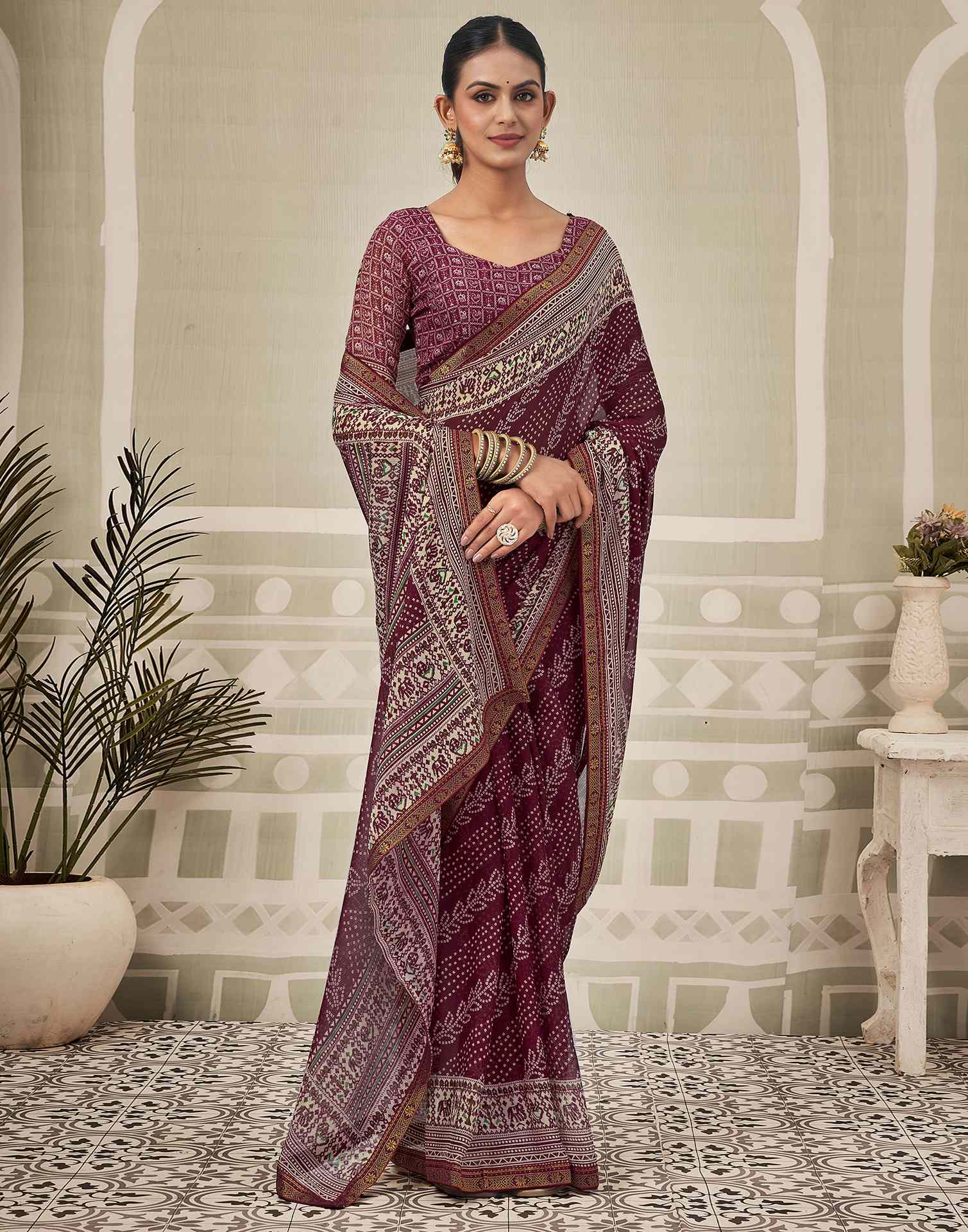 Wine Georgette Bandhani Saree