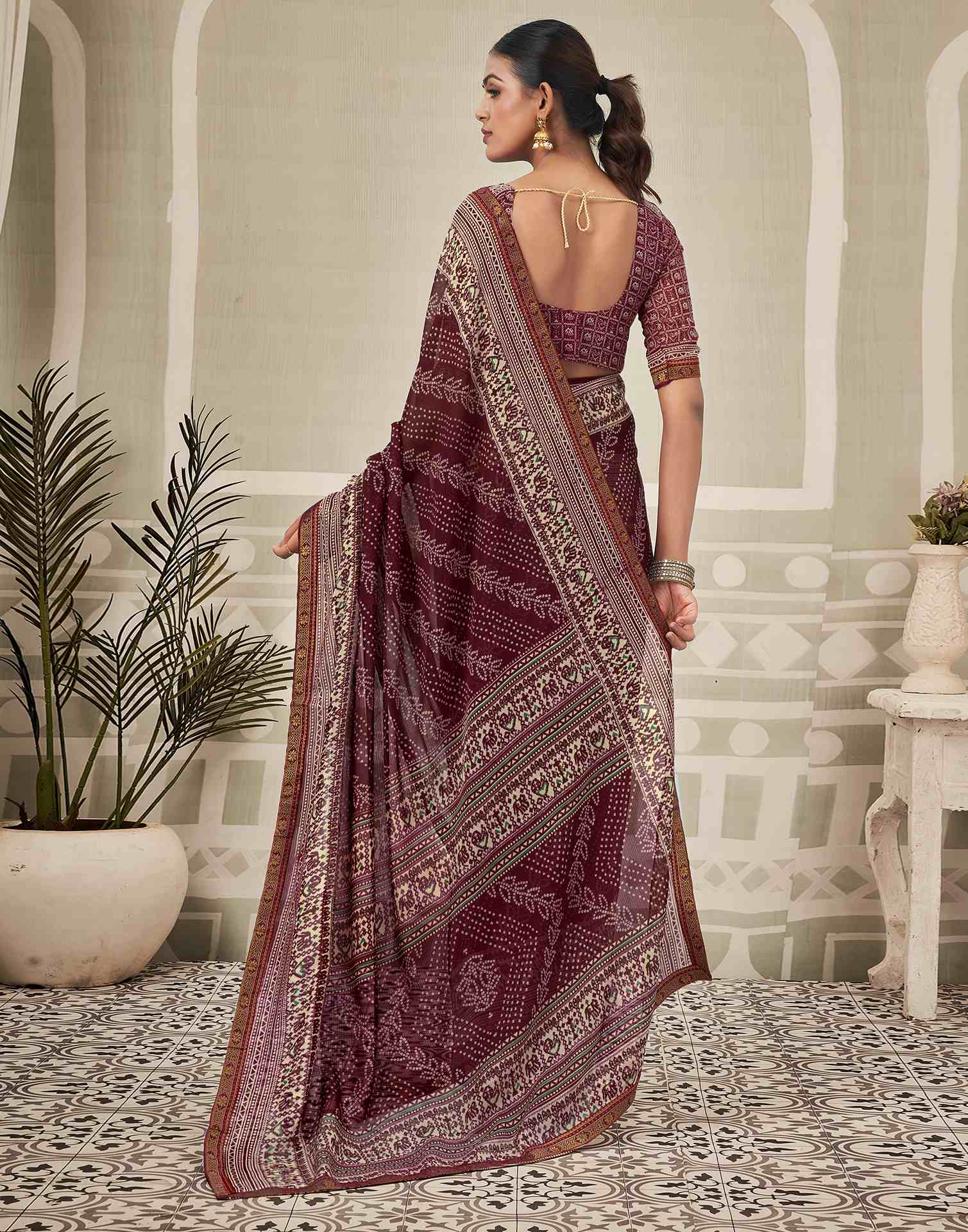Wine Georgette Bandhani Saree