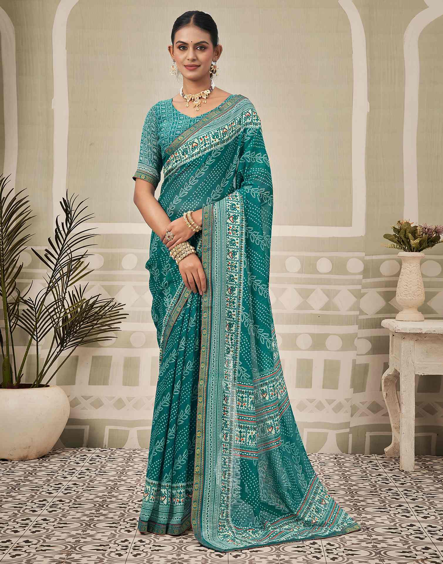 Teal Blue Georgette Bandhani Saree