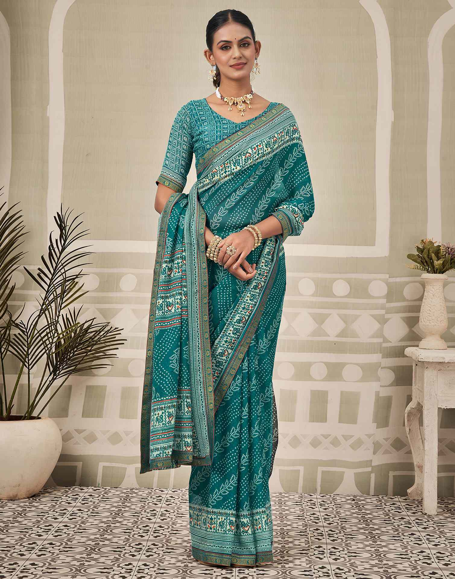 Teal Blue Georgette Bandhani Saree