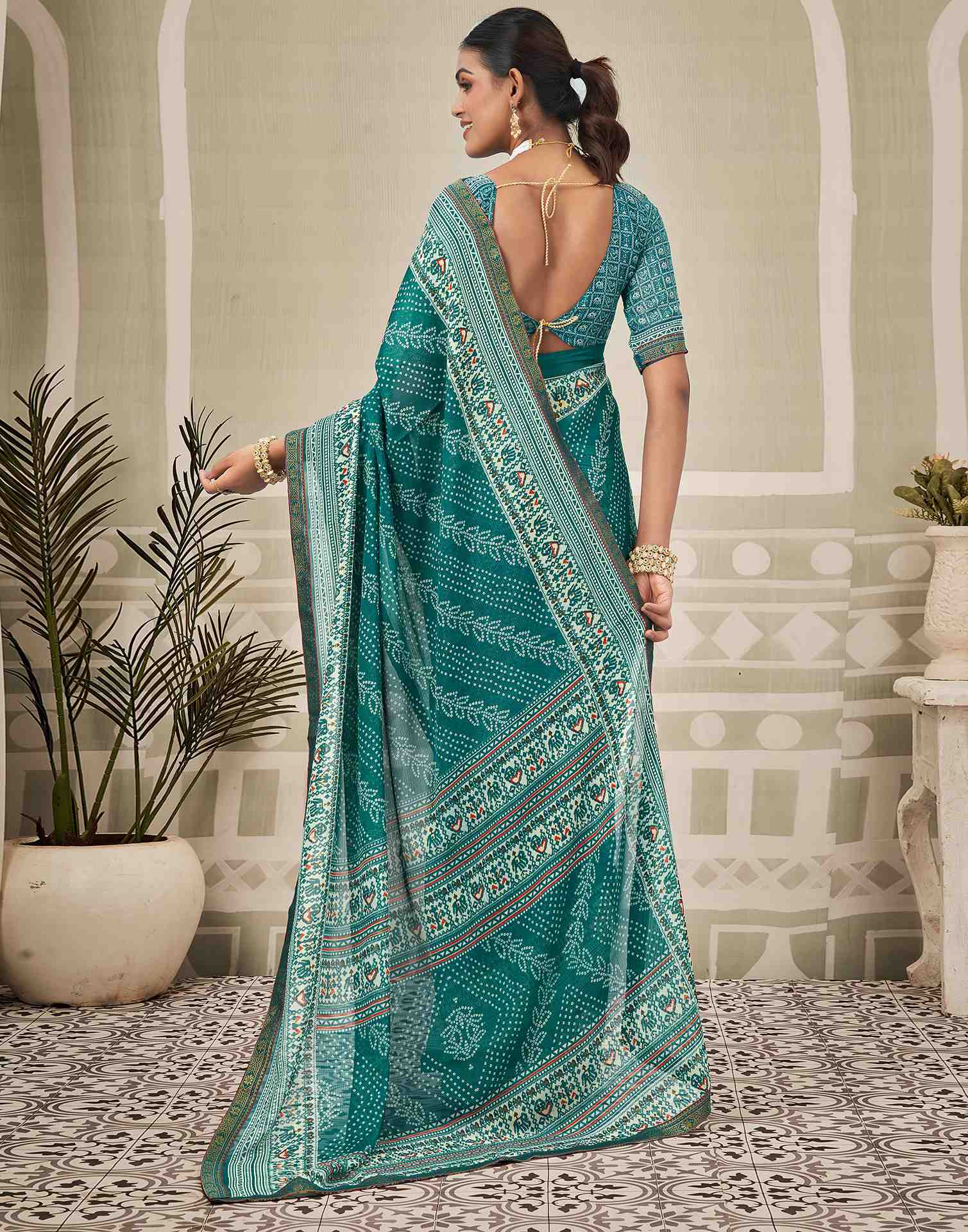 Teal Blue Georgette Bandhani Saree