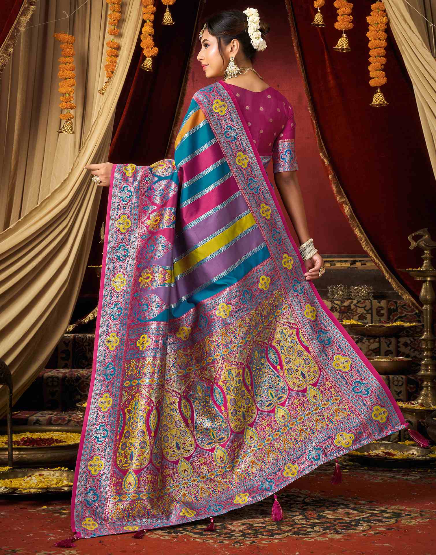 Teal Blue Silk Woven Banarasi Saree