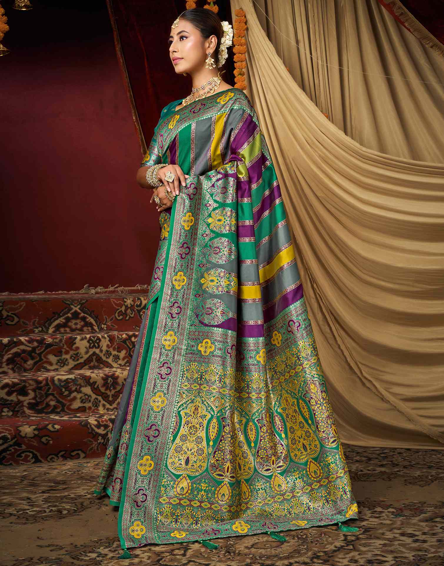 Teal Green Silk Woven Banarasi Saree
