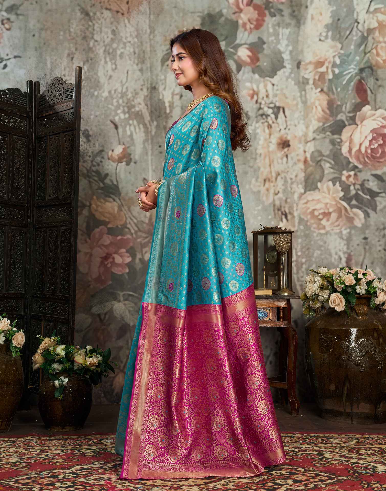 Teal blue Silk Woven Banarasi Saree