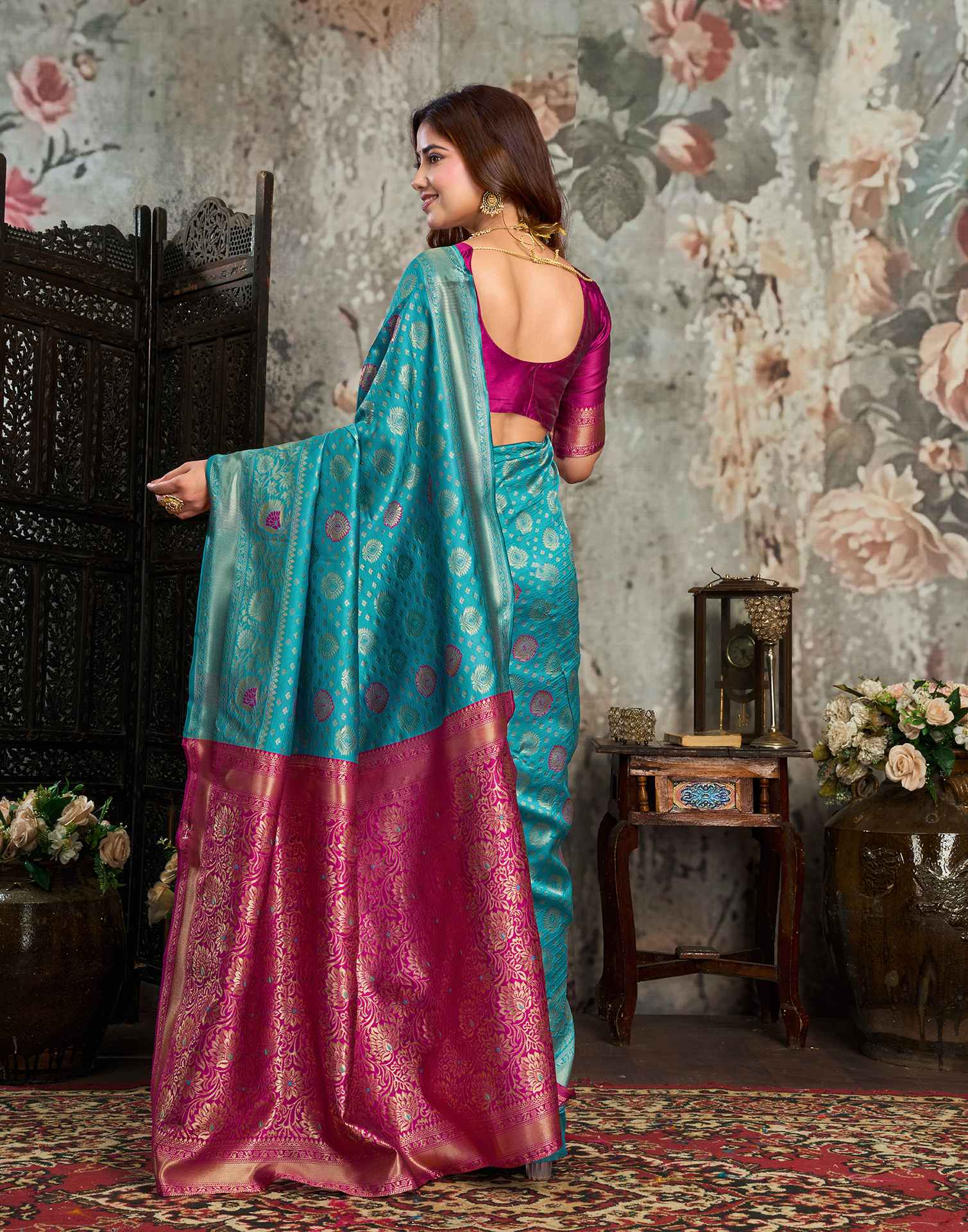 Teal blue Silk Woven Banarasi Saree