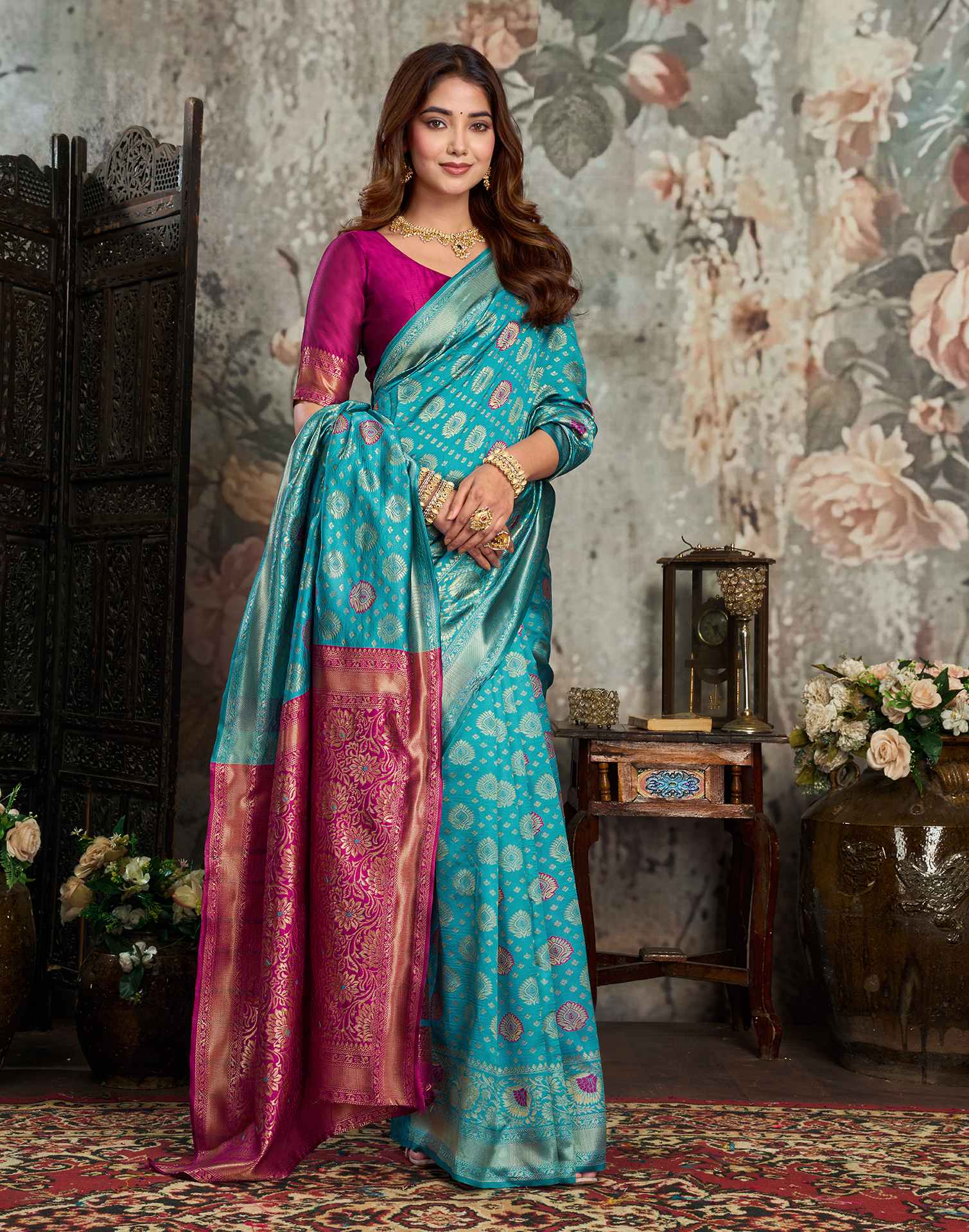 Teal blue Silk Woven Banarasi Saree