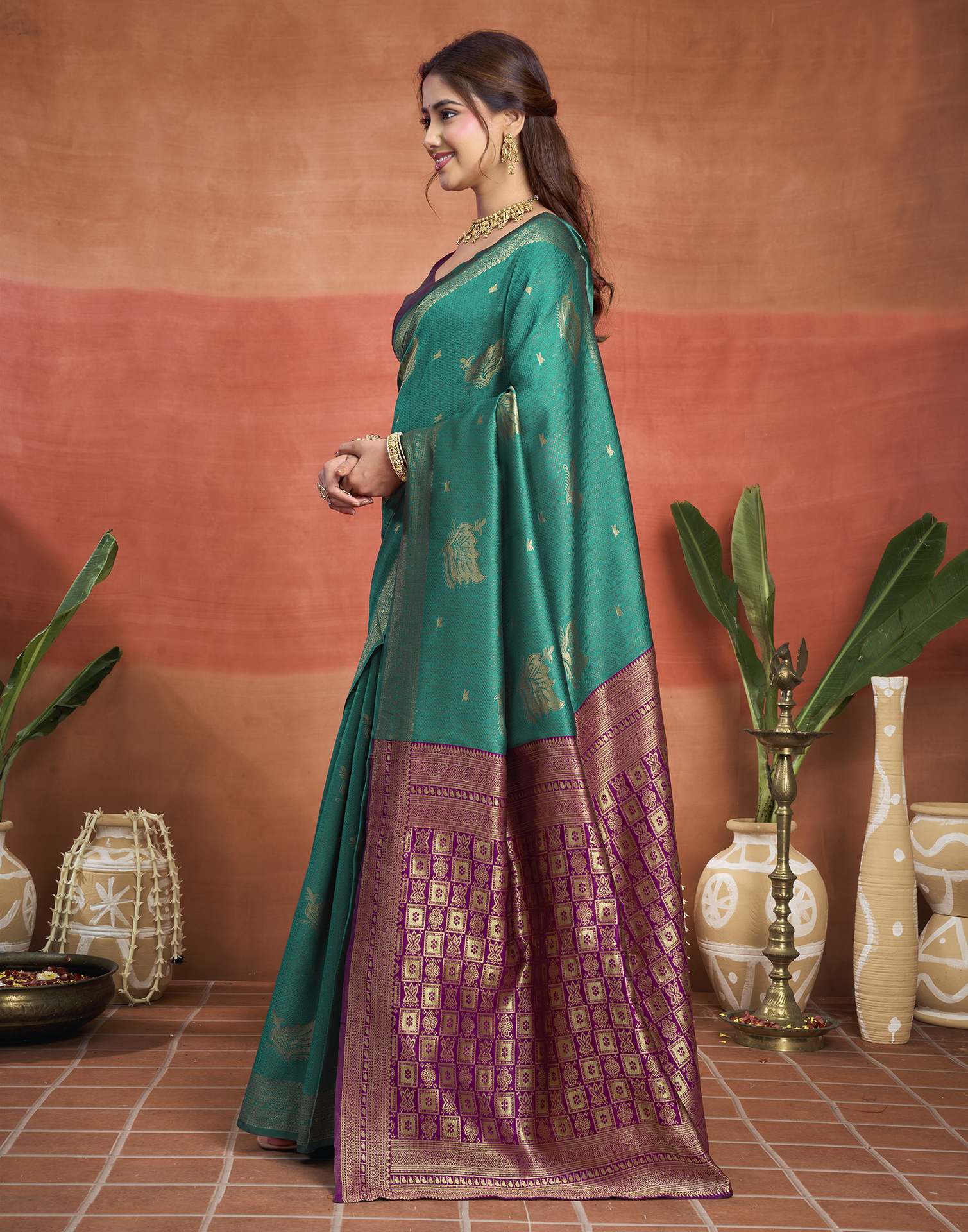 Turquoise Silk Woven Banarasi Saree