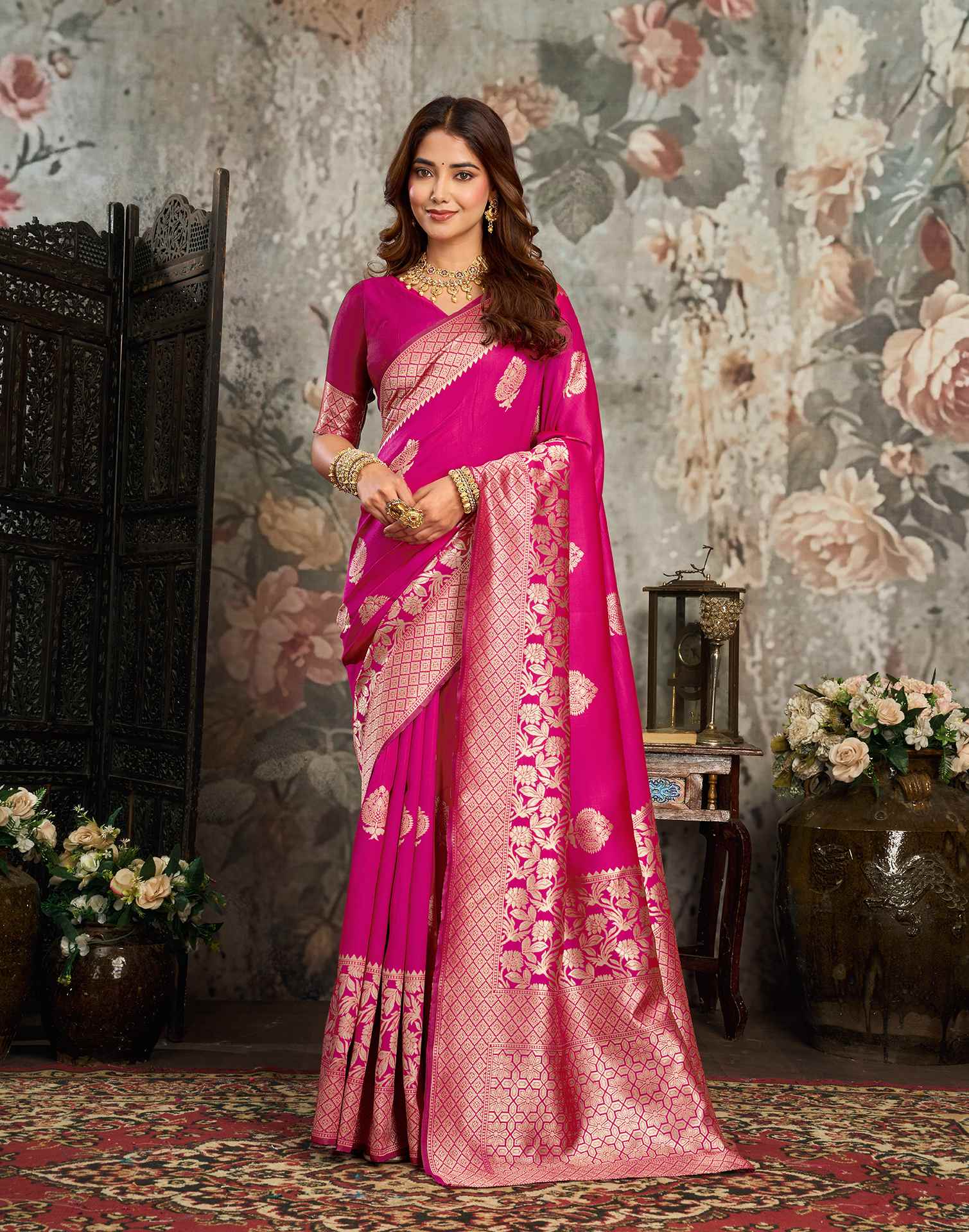 Pink Silk Woven Banarasi Saree
