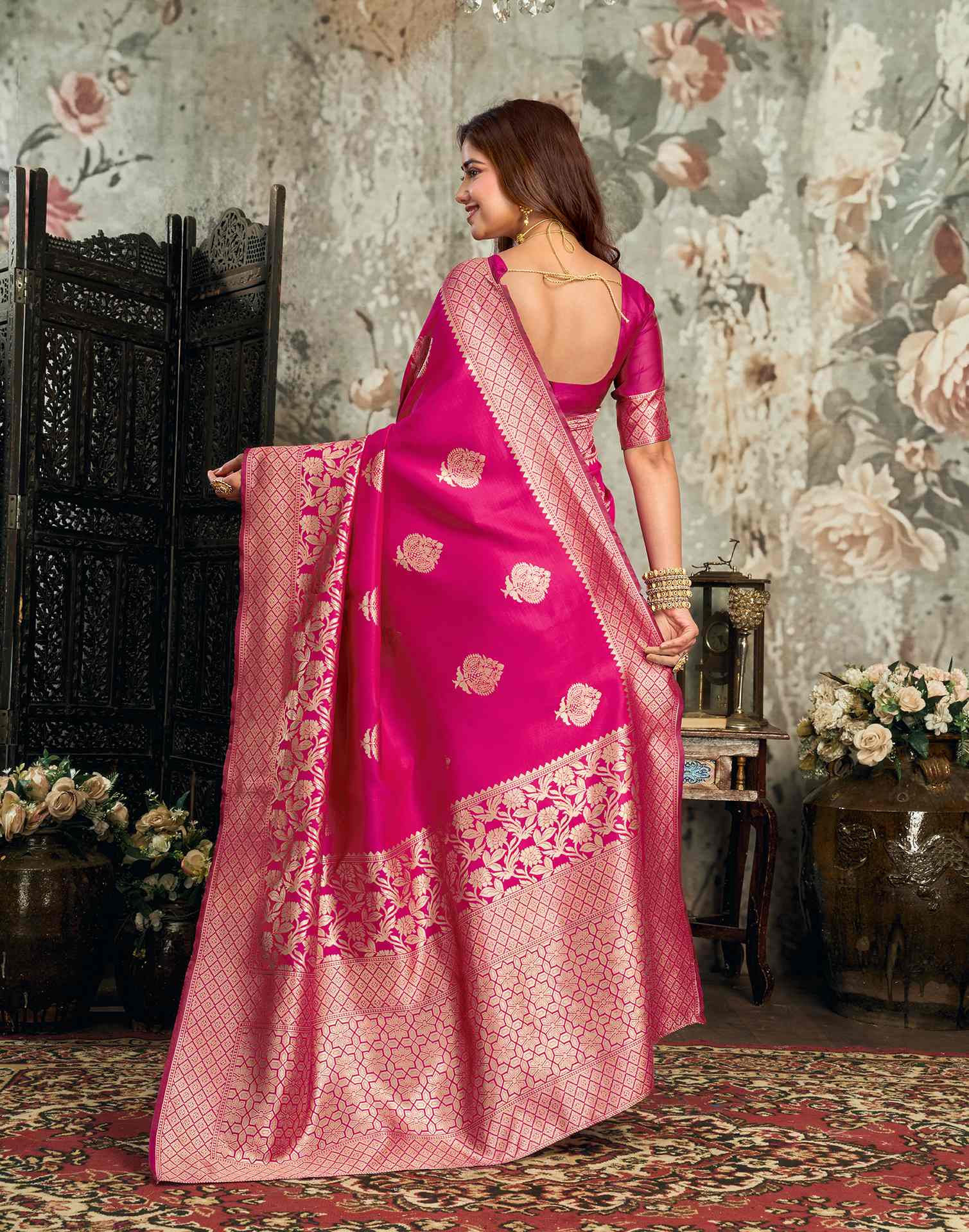 Pink Silk Woven Banarasi Saree