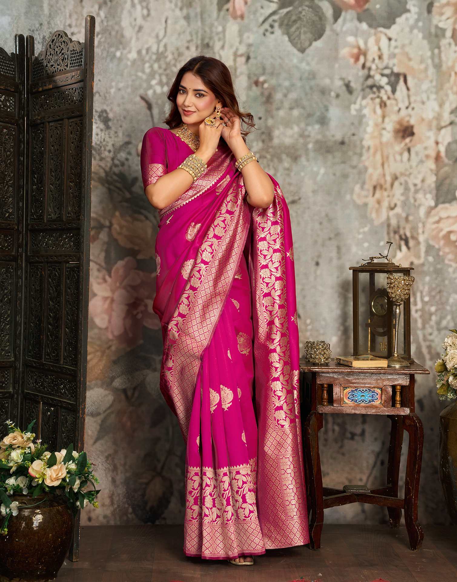 Pink Silk Woven Banarasi Saree