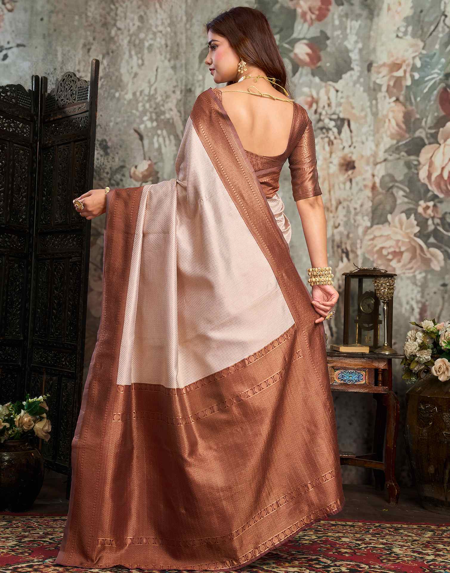 Beige Silk Woven Kanjivaram Saree