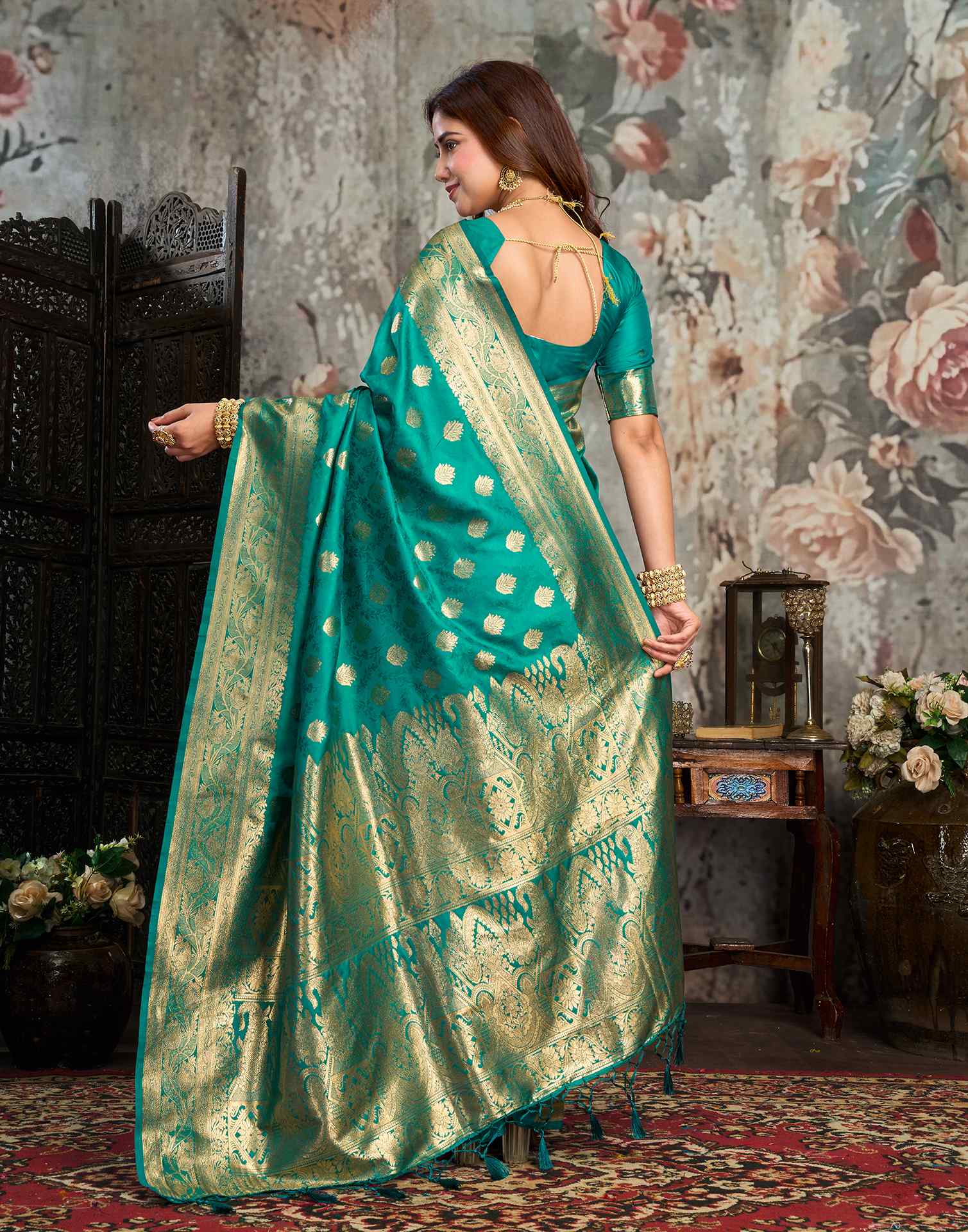 Teal Green Silk Woven Banarasi Saree