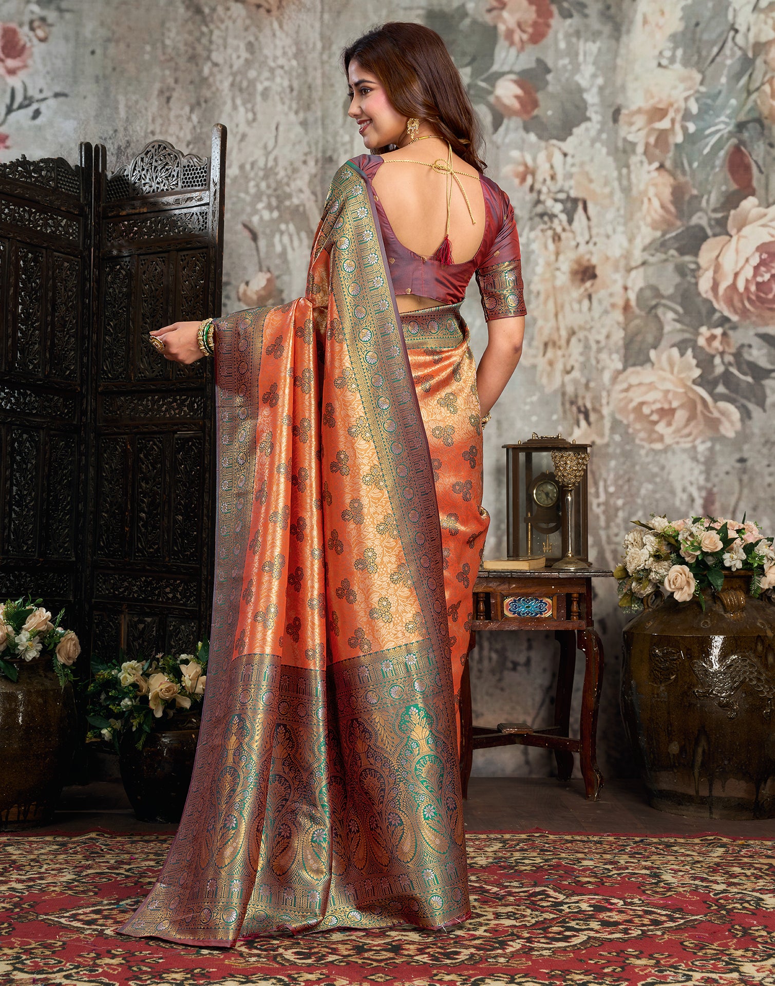 Orange Silk Woven Banarasi Saree
