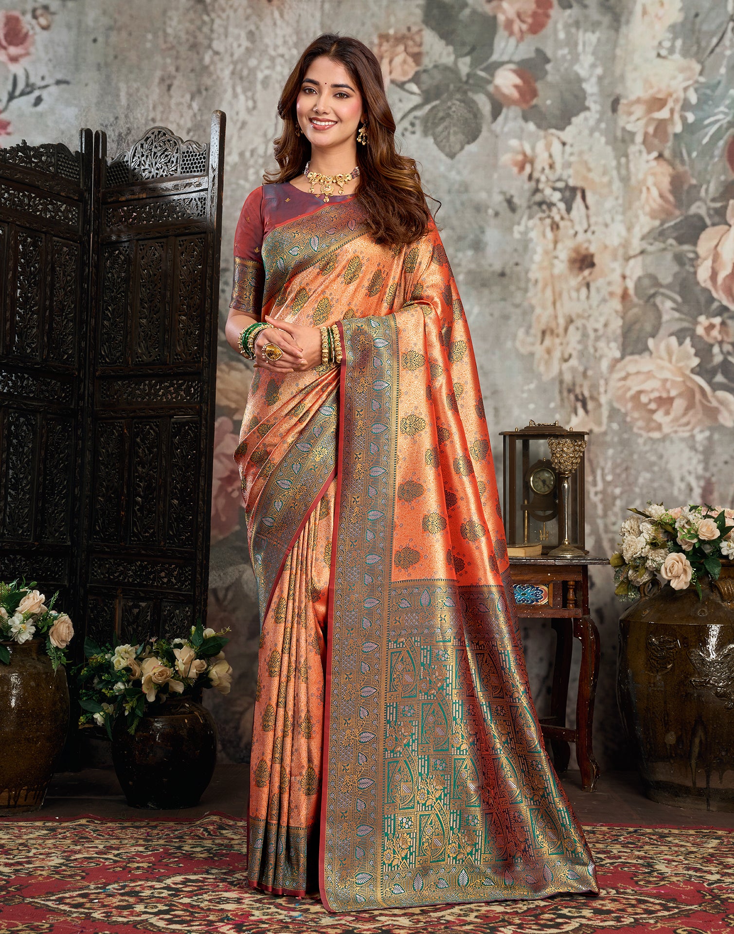 Orange Silk Woven Banarasi Saree