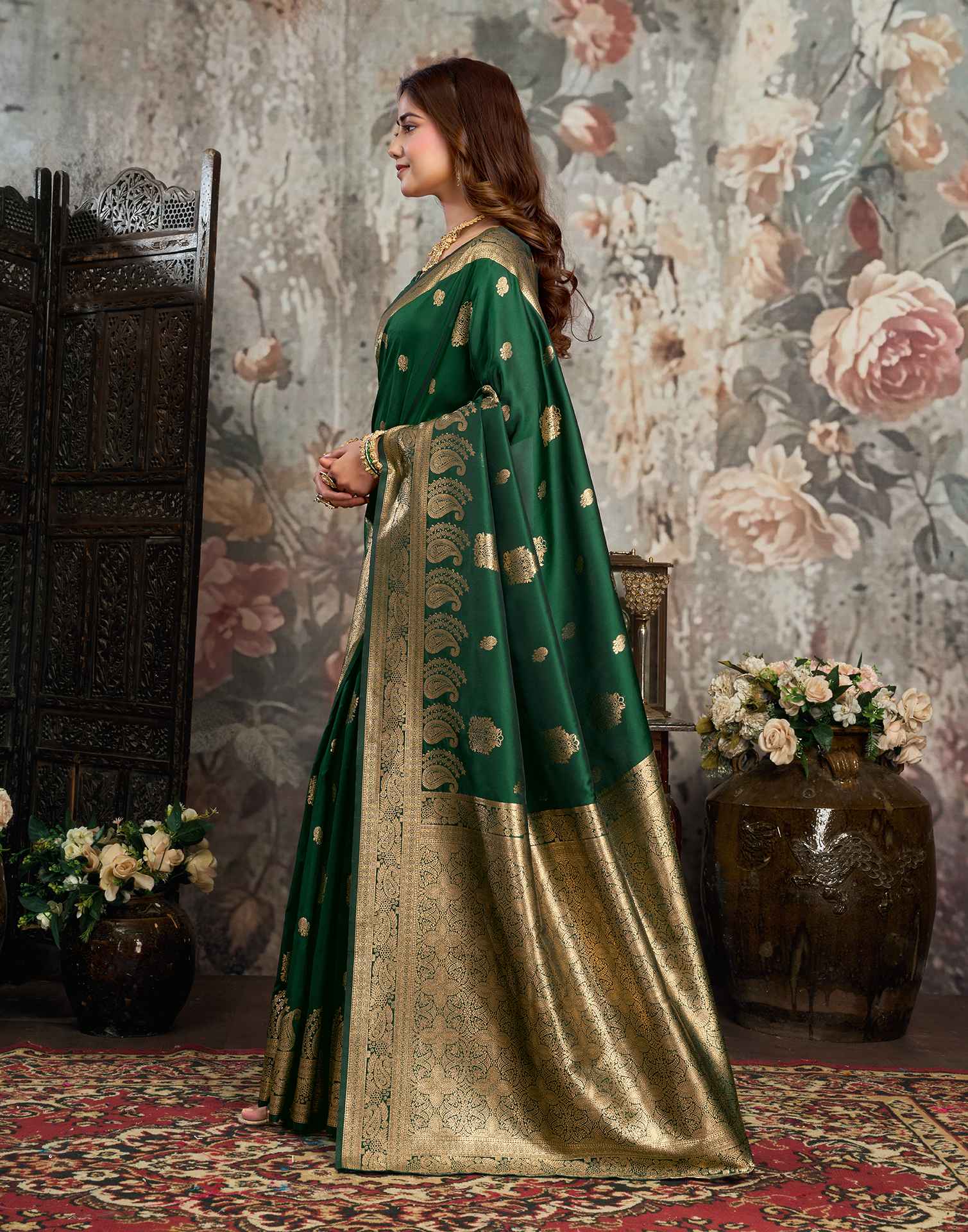Dark Green Silk Woven Banarasi Saree