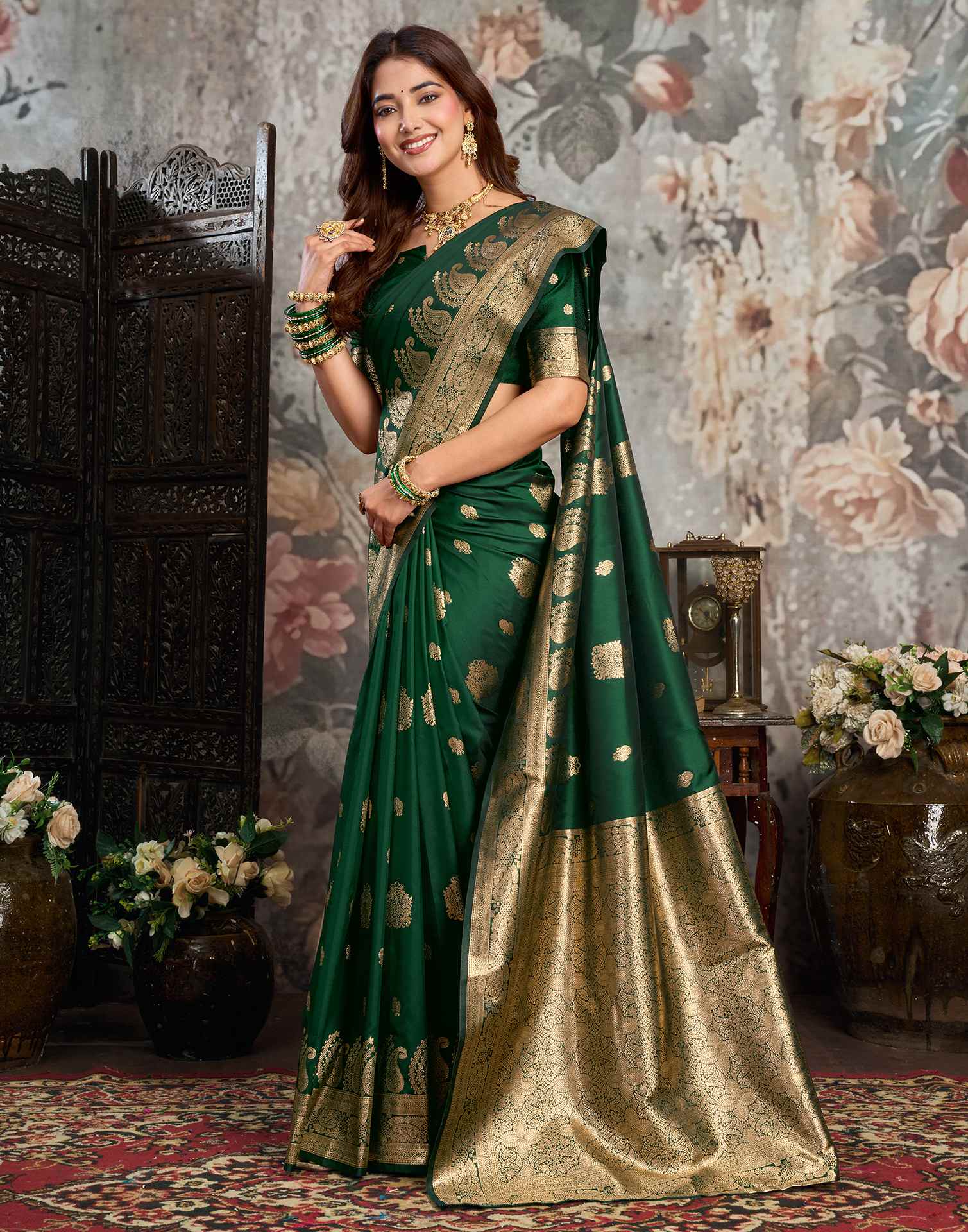 Dark Green Silk Woven Banarasi Saree
