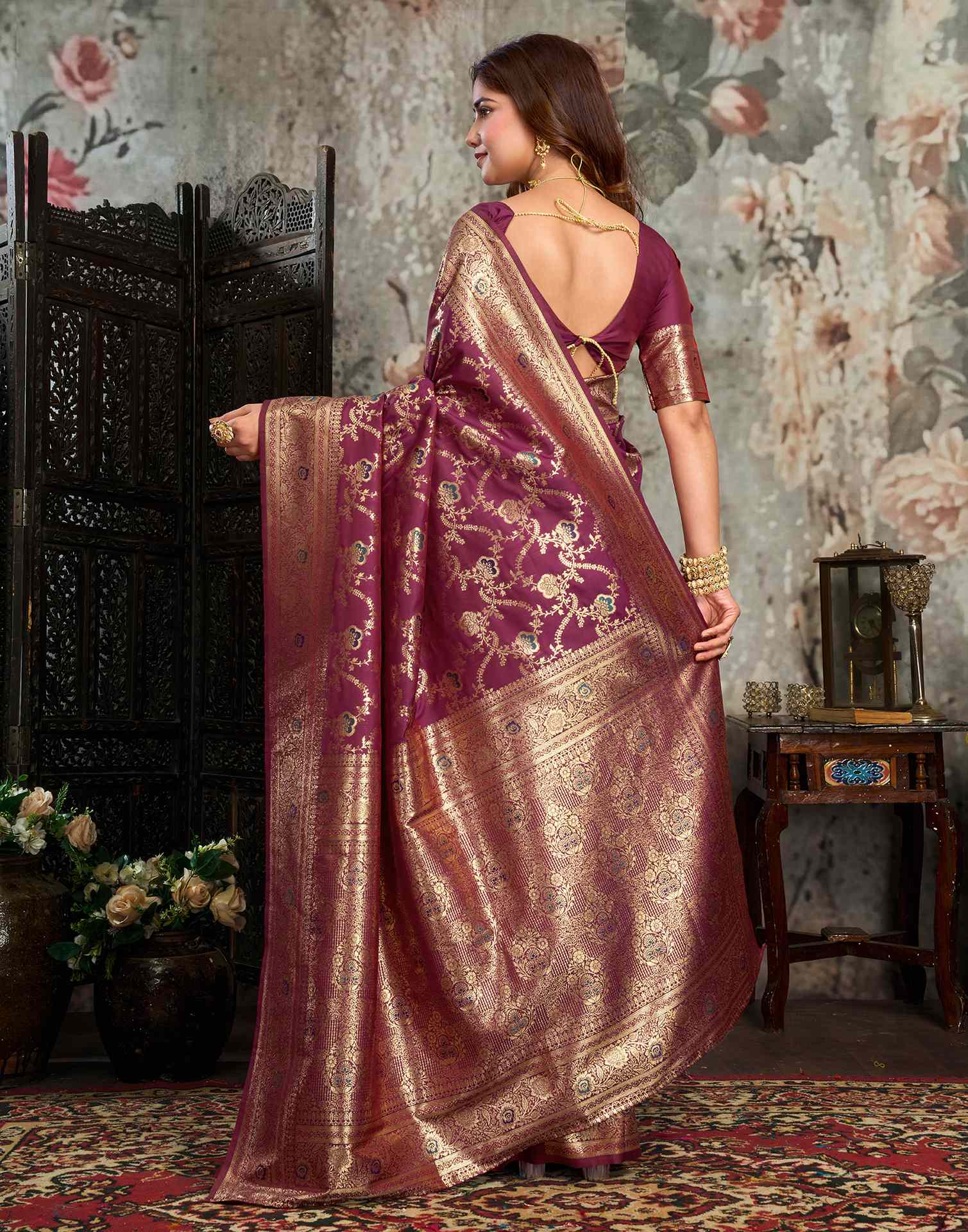 Wine Silk Woven Banarasi Saree