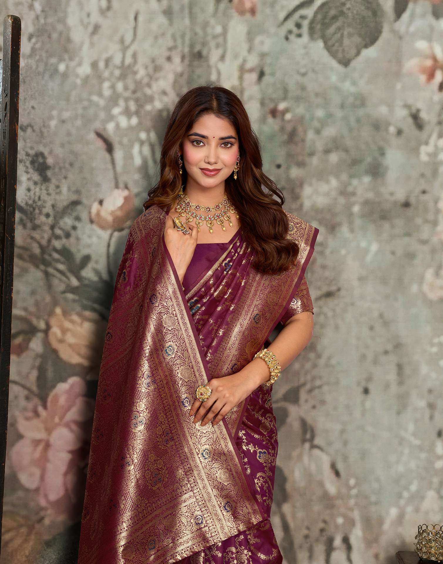 Wine Silk Woven Banarasi Saree