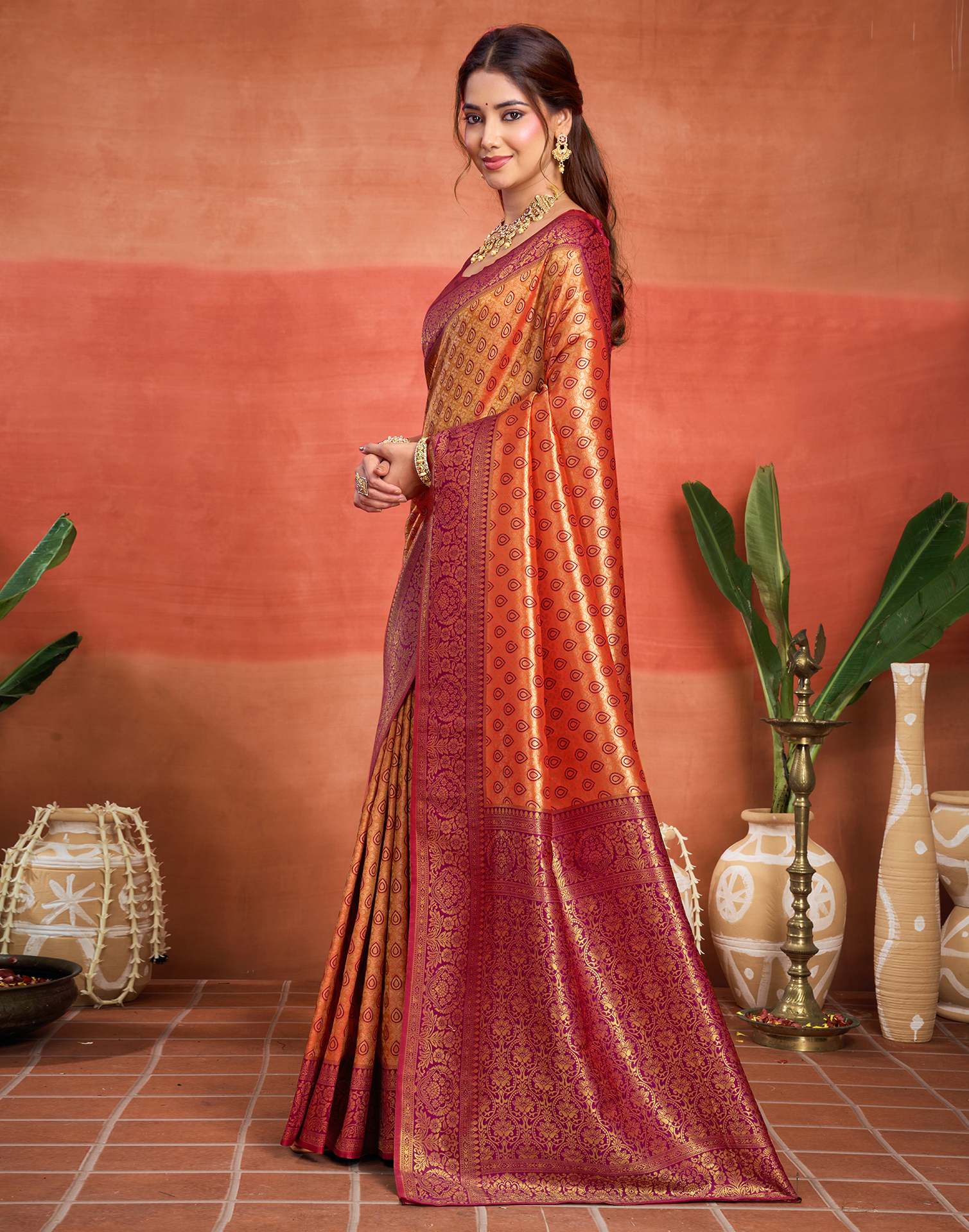 Orange Silk Woven Banarasi Saree