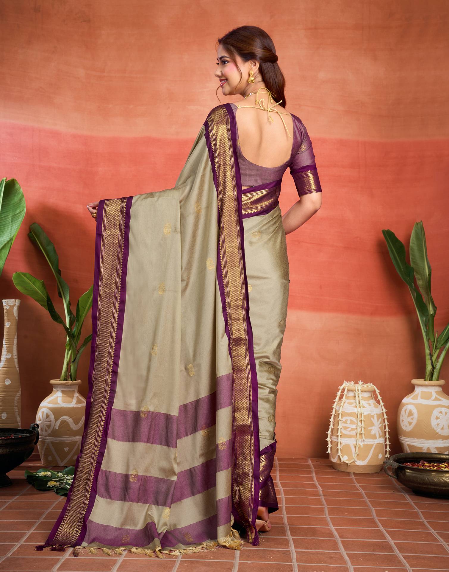 Beige Silk Woven Kanjivaram Saree
