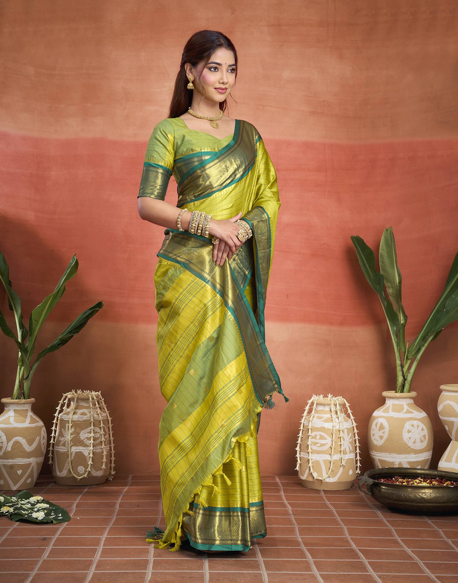 Lime Green Silk Woven Kanjivaram Saree